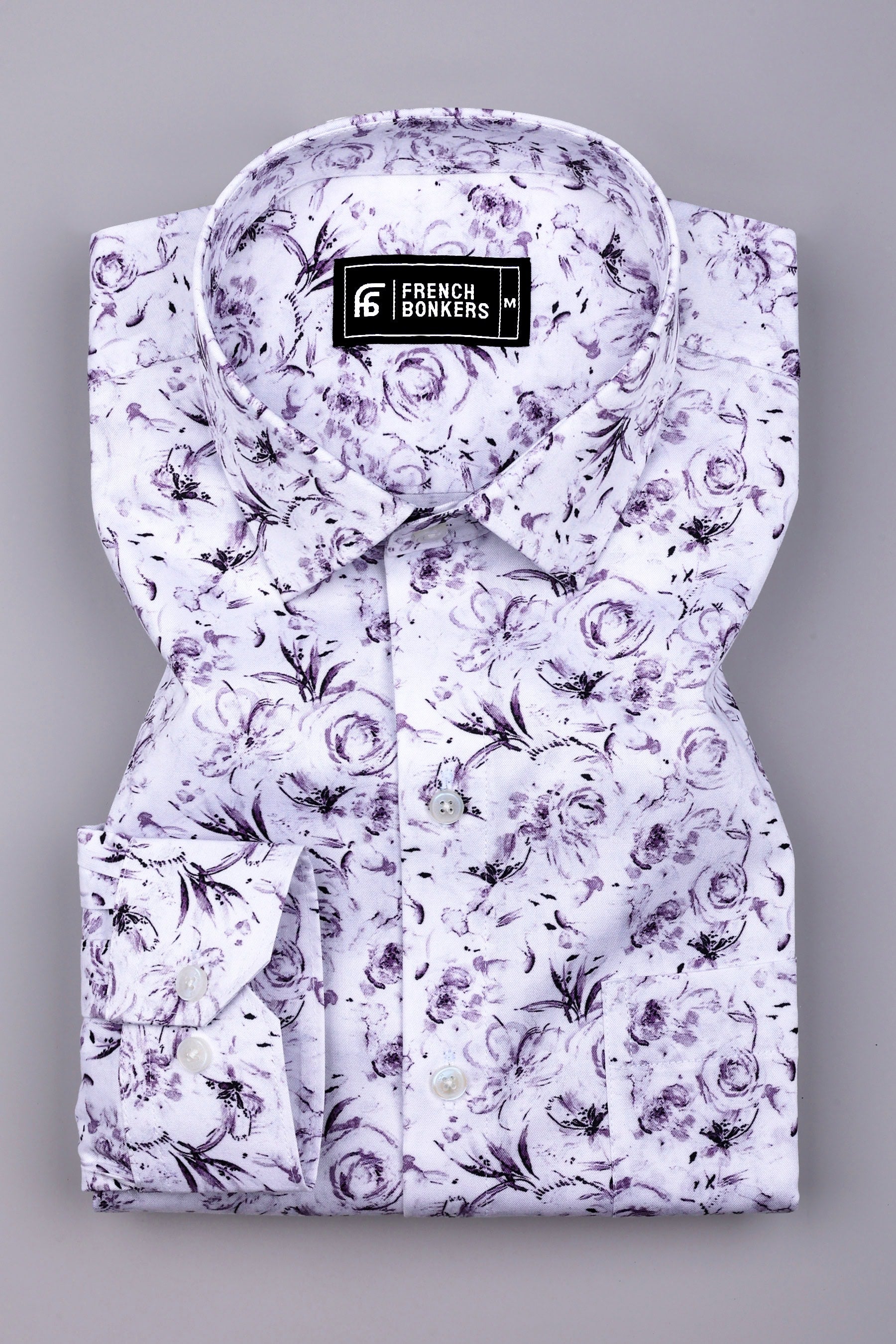 Lavender Purple With White Digital Floral Printed Cotton Shirt