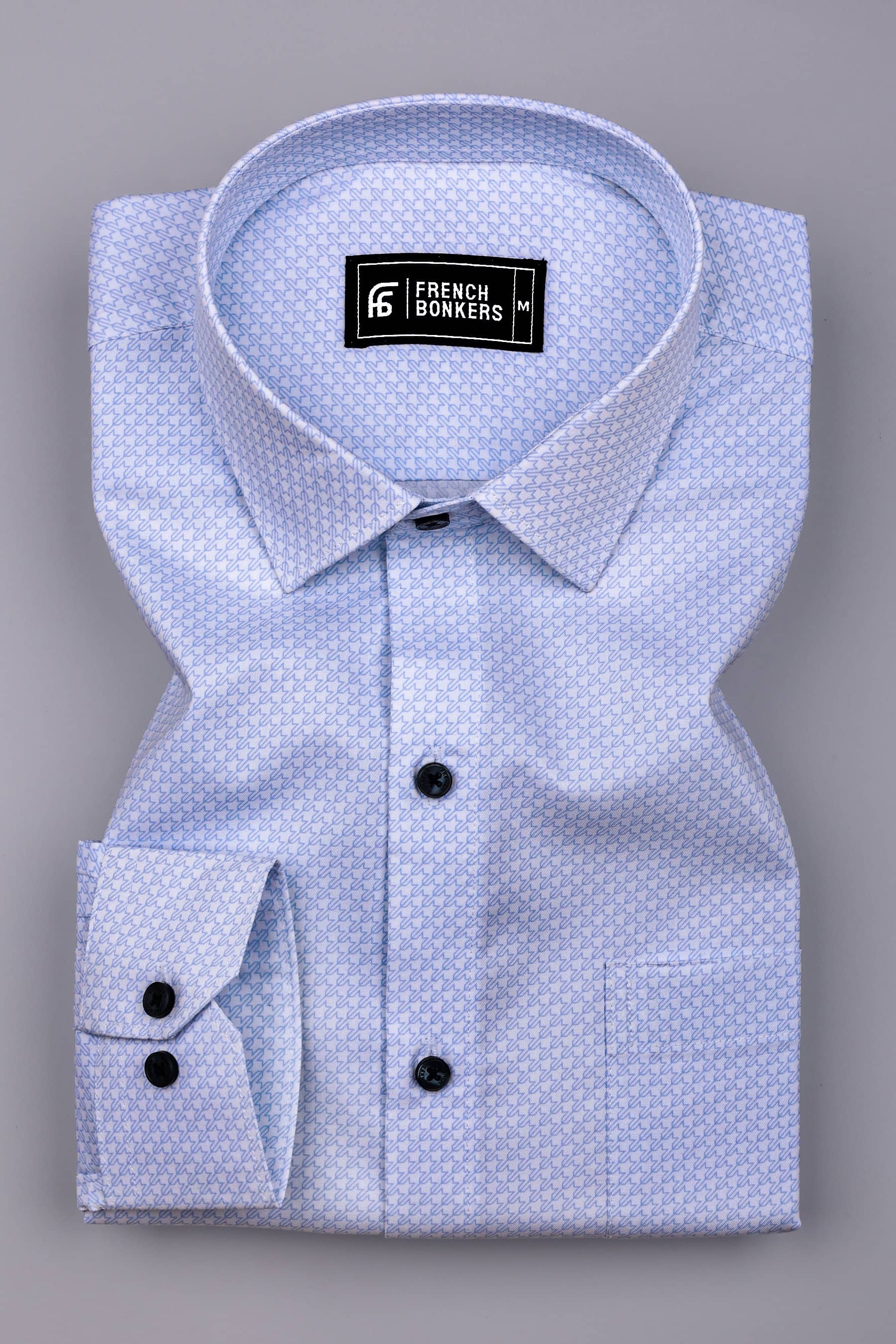 Cloud Blue With White Printed Formal Cotton Shirt