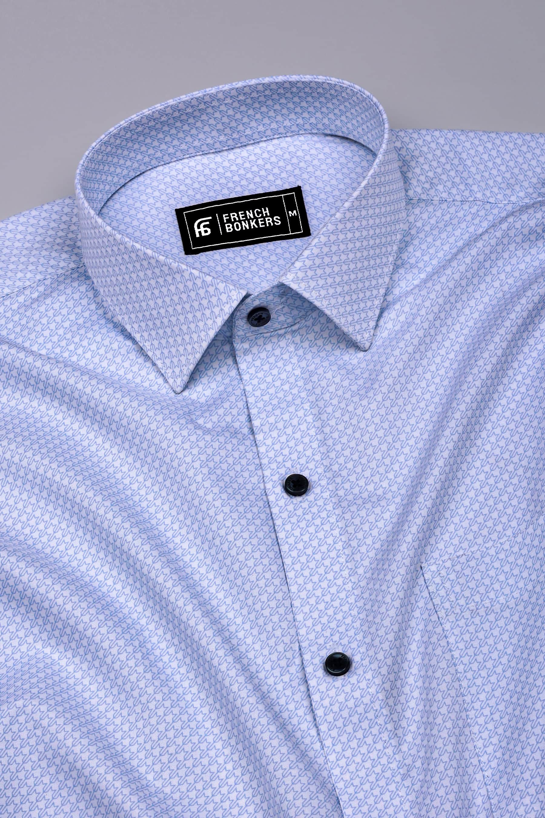 Cloud Blue With White Printed Formal Cotton Shirt