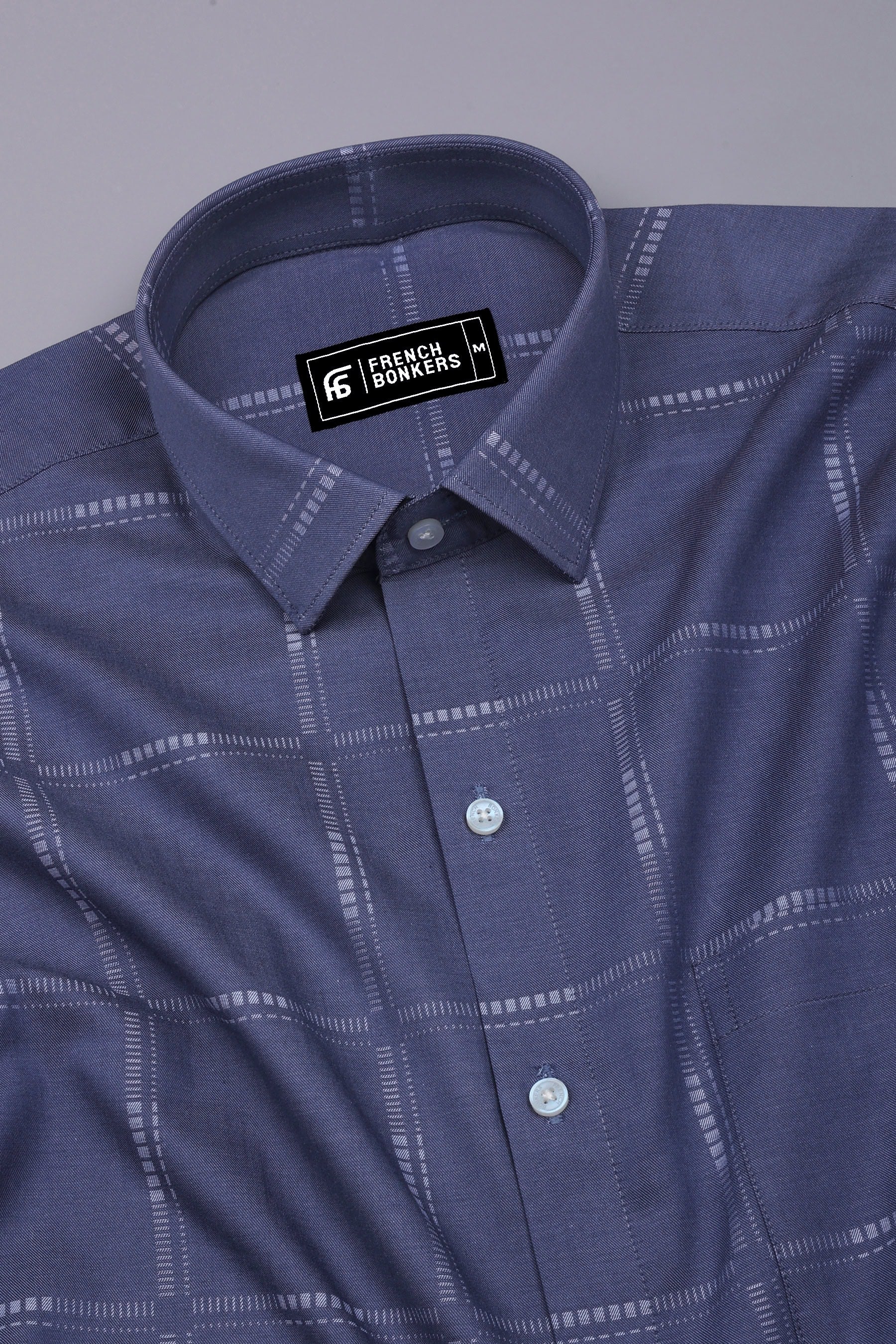 Ash Blue With White Jacquard Check Cotton Shirt