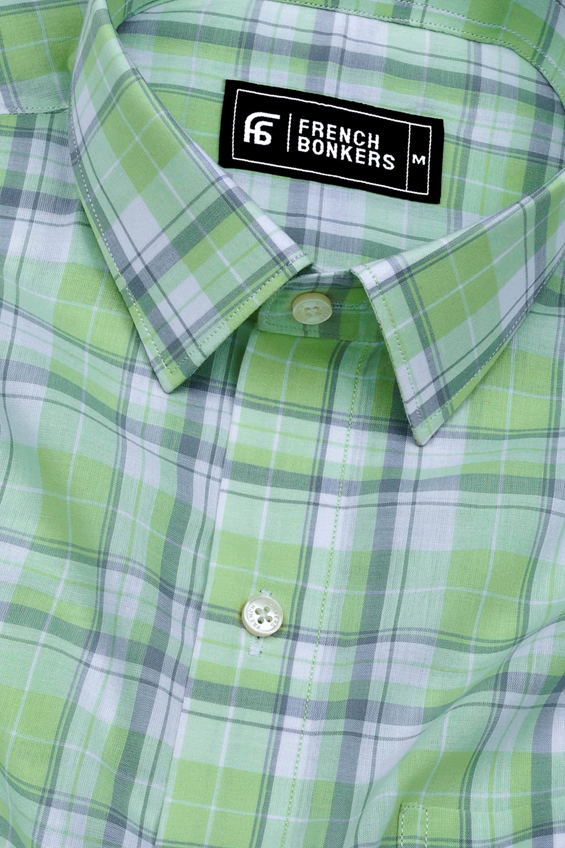 Leaf Green With Gray Check Cotton Shirt