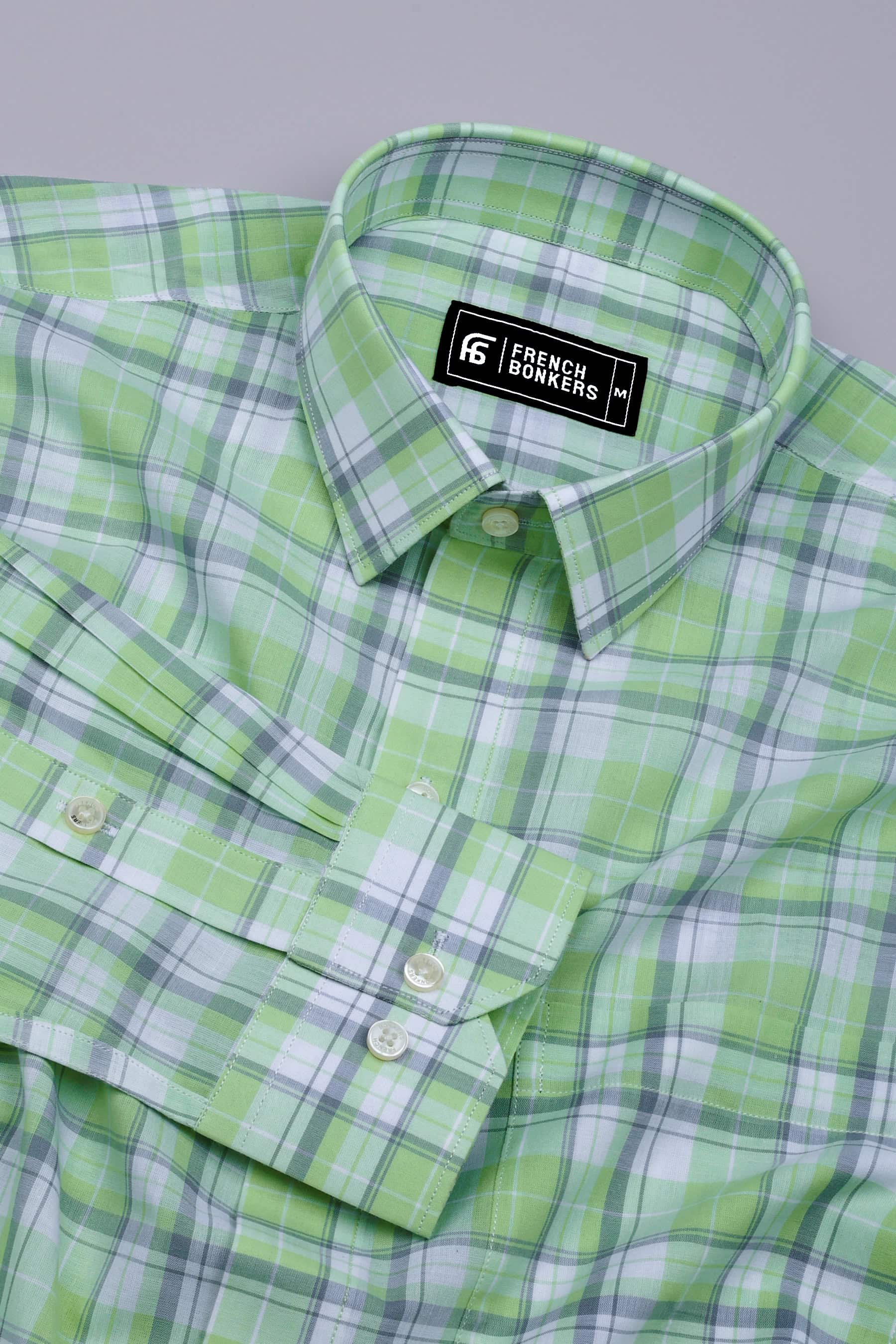Leaf Green With Gray Check Cotton Shirt