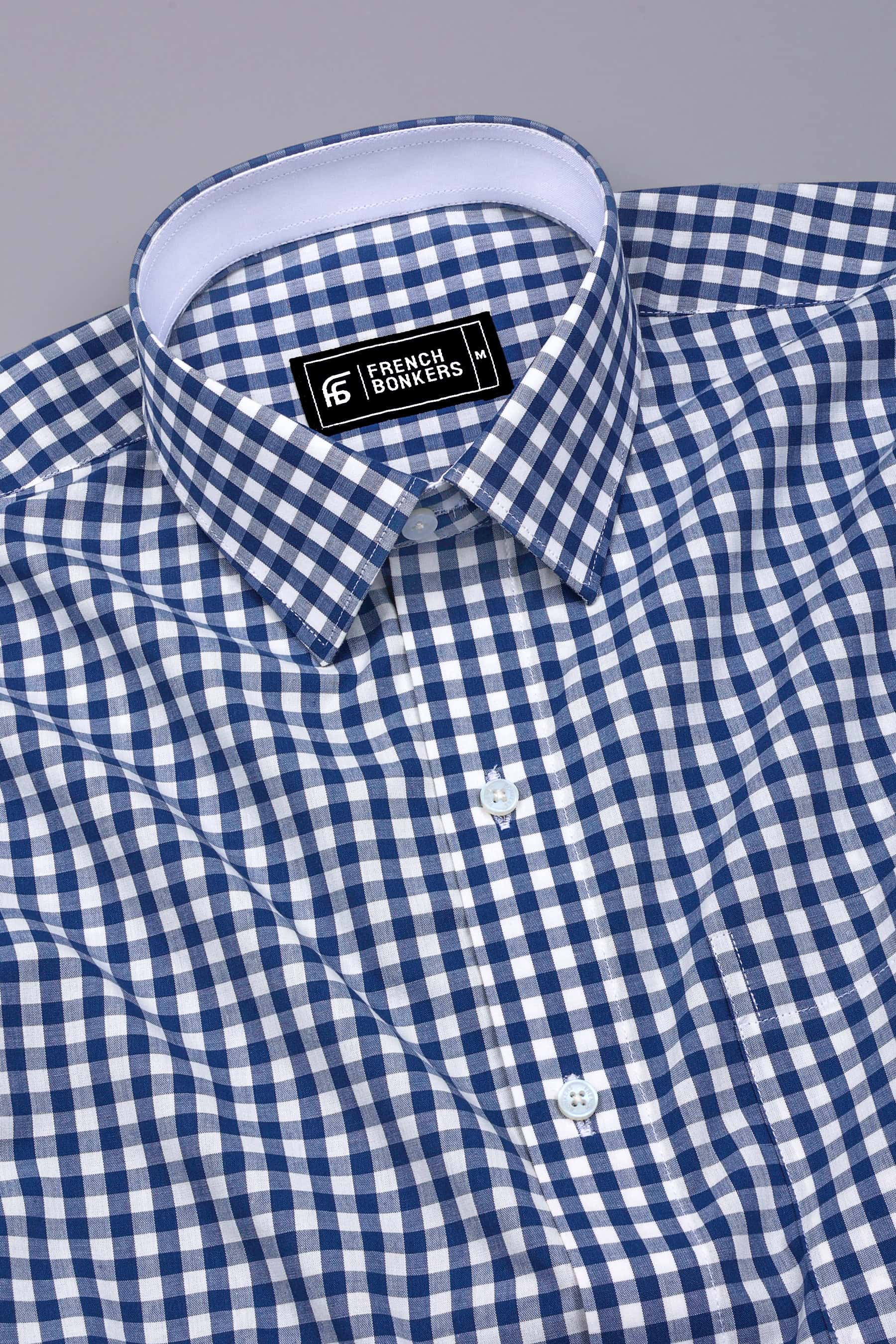 Pixel Blue With White Gingham Check Cotton Designer Shirt