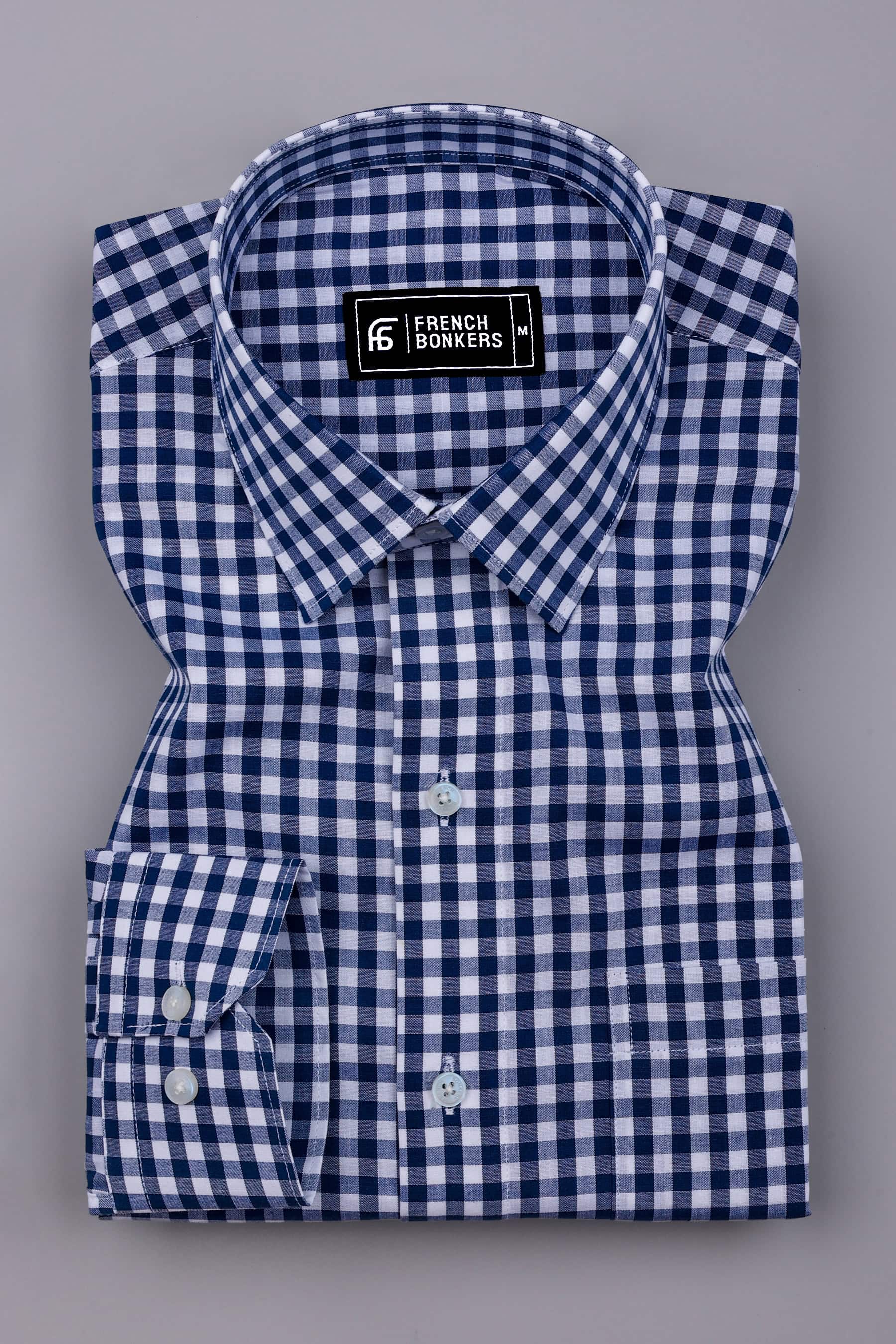 Laos Navy Blue With White Gingham Check Cotton Shirt