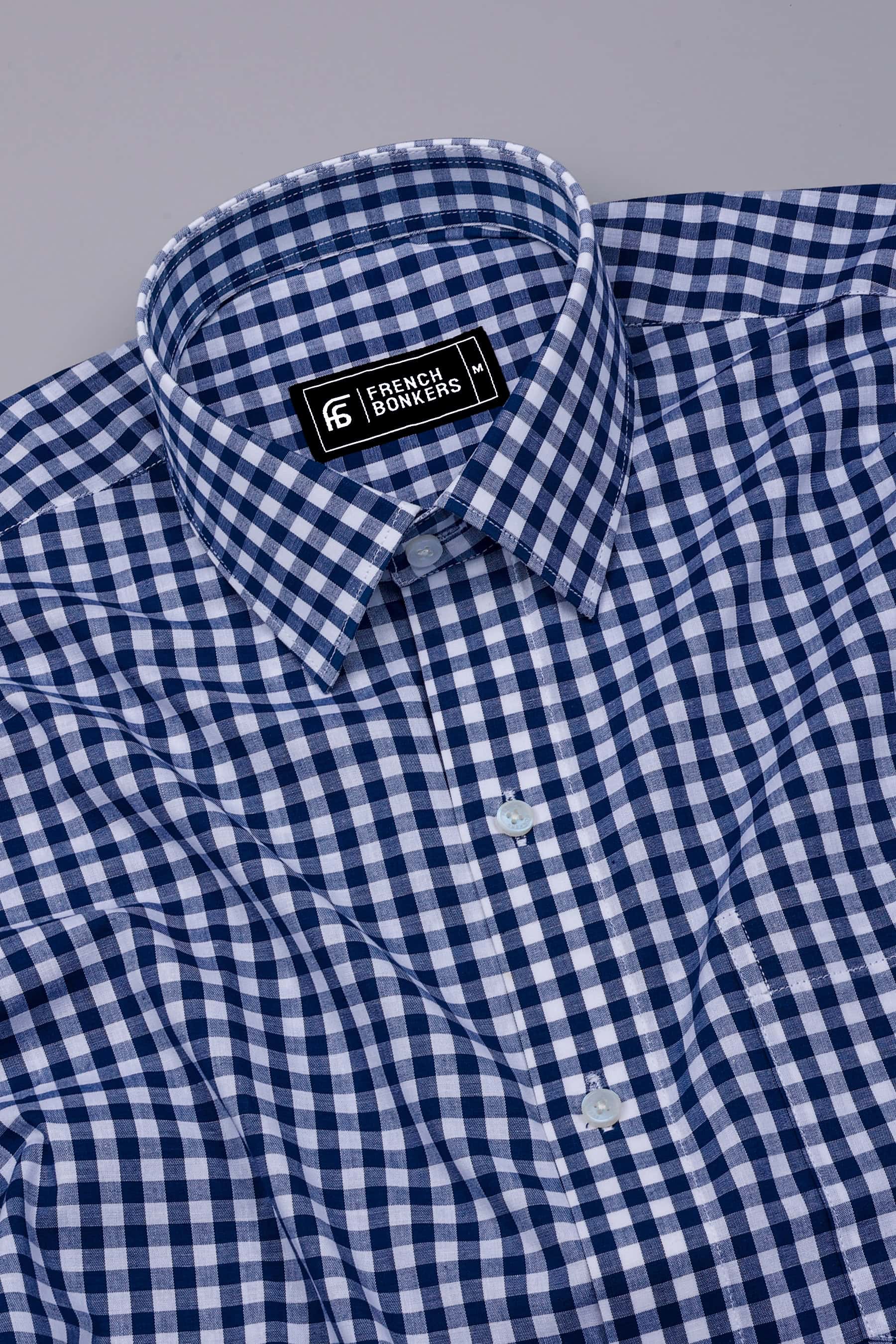 Laos Navy Blue With White Gingham Check Cotton Shirt