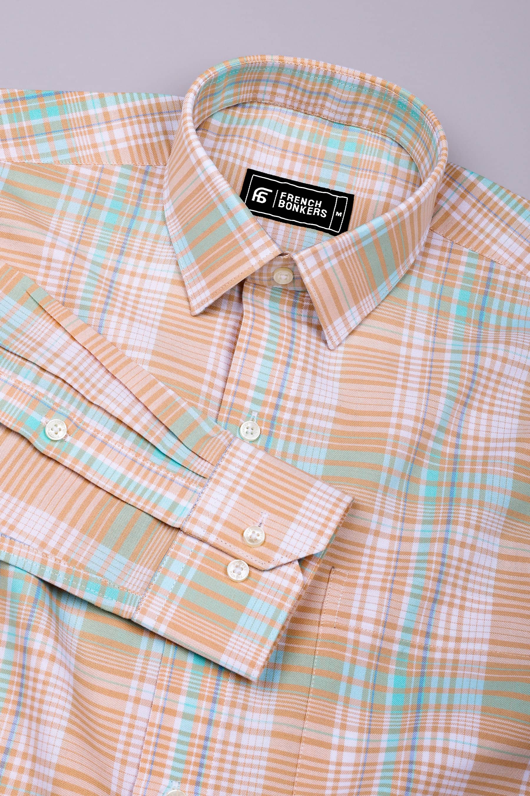 Luwan Light Orange With Green Check Oxford Cotton Shirt