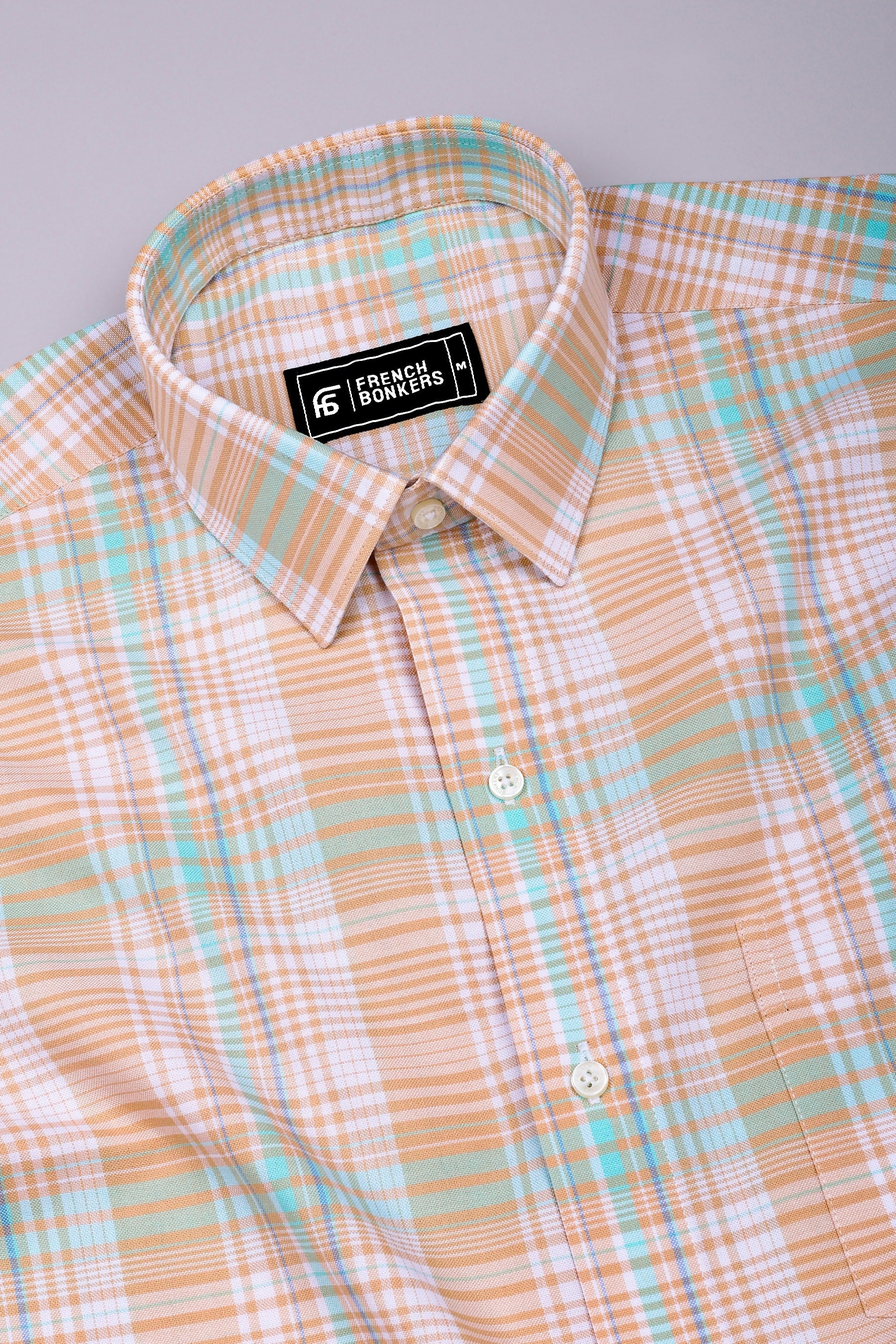 Luwan Light Orange With Green Check Oxford Cotton Shirt