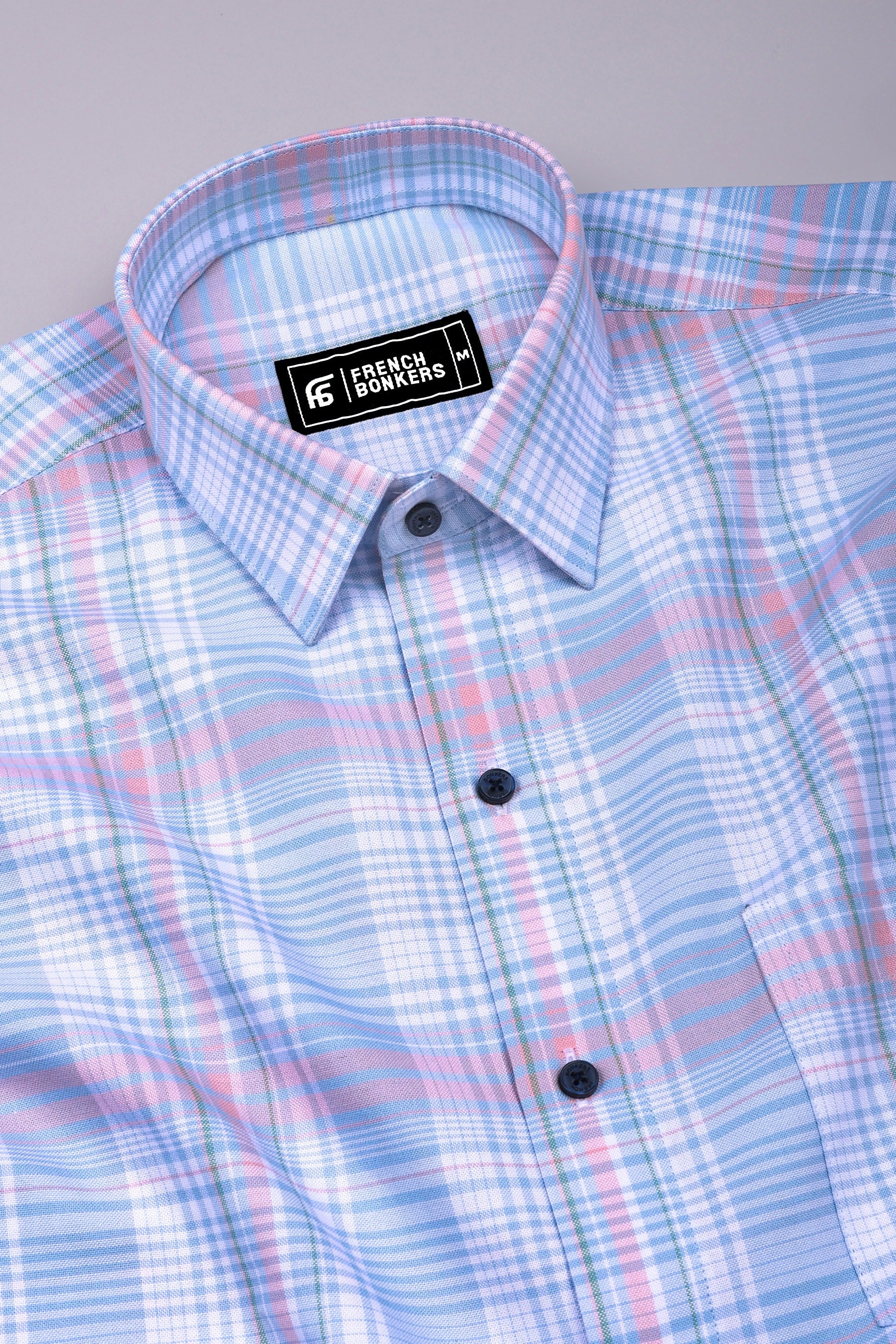 Luwan Blue With Pink Check Oxford Cotton Shirt