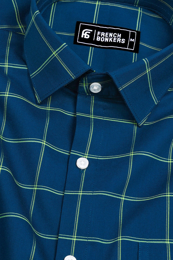 Peacock Blue With yellow Windowpane Check Shirt