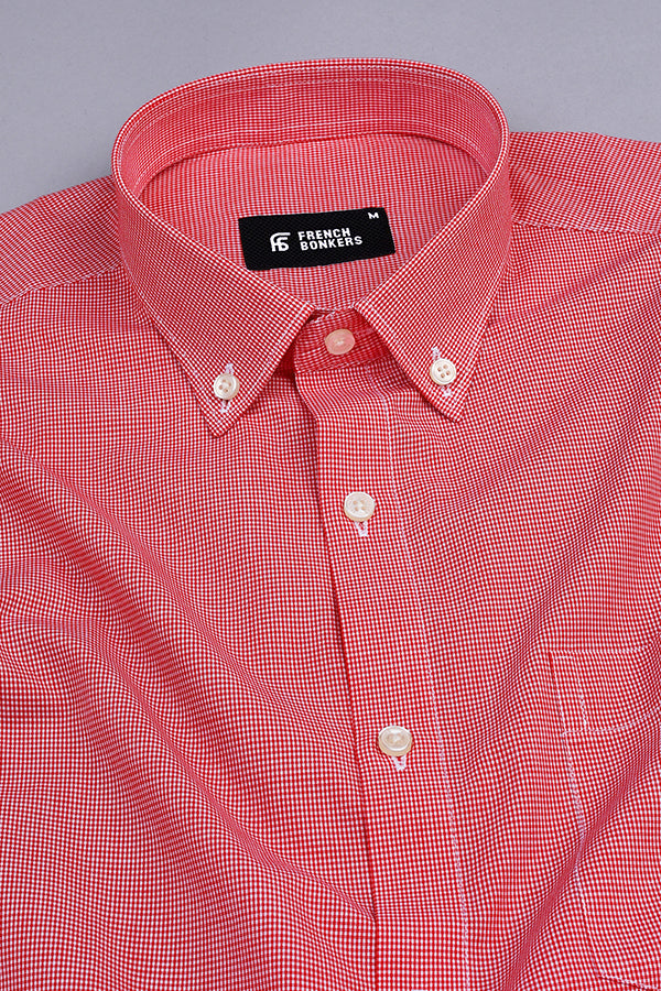 Valvety red with white mini micro check  cotton shirt