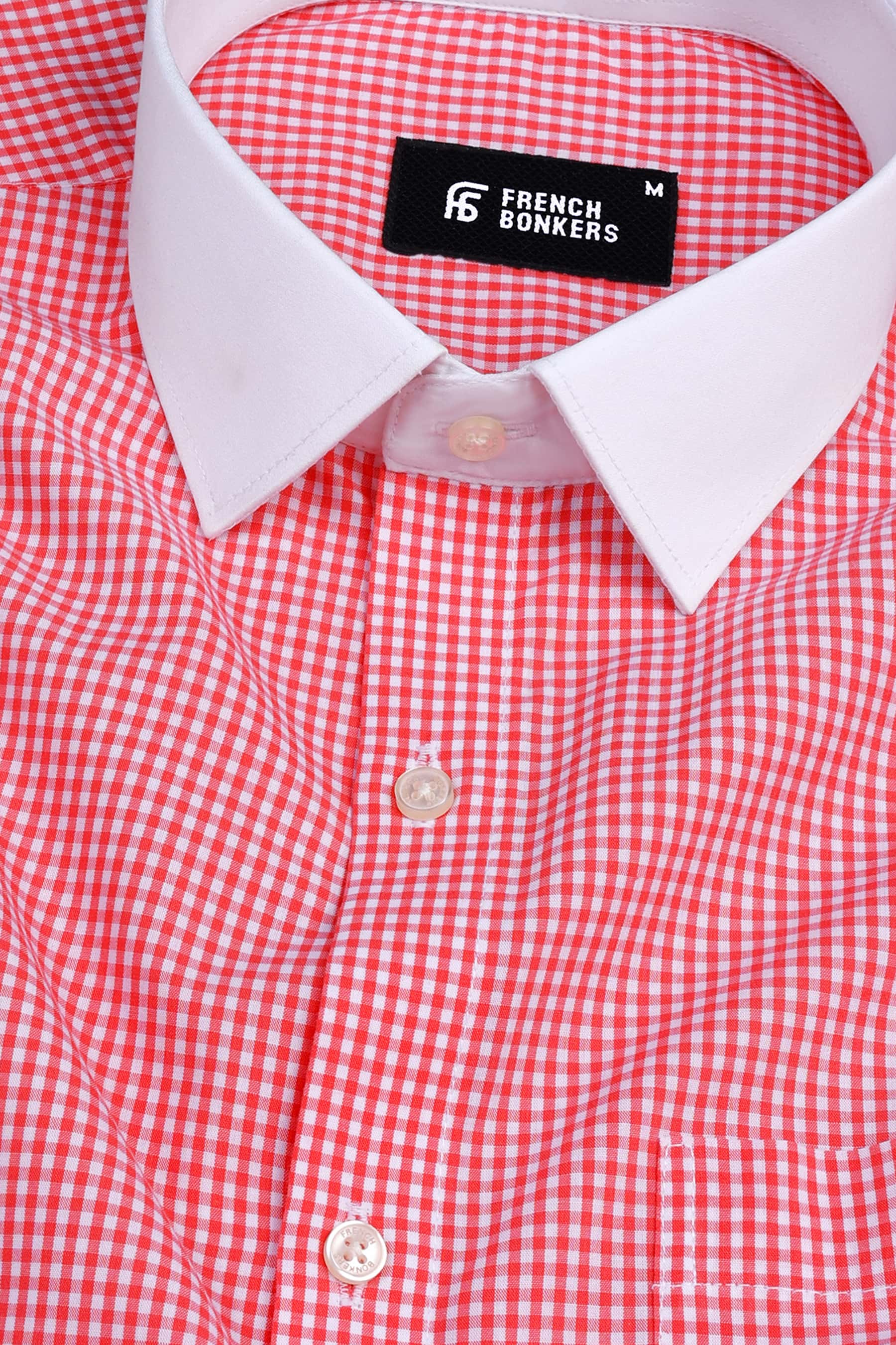 Carrot red with cream white pin check cotton shirt