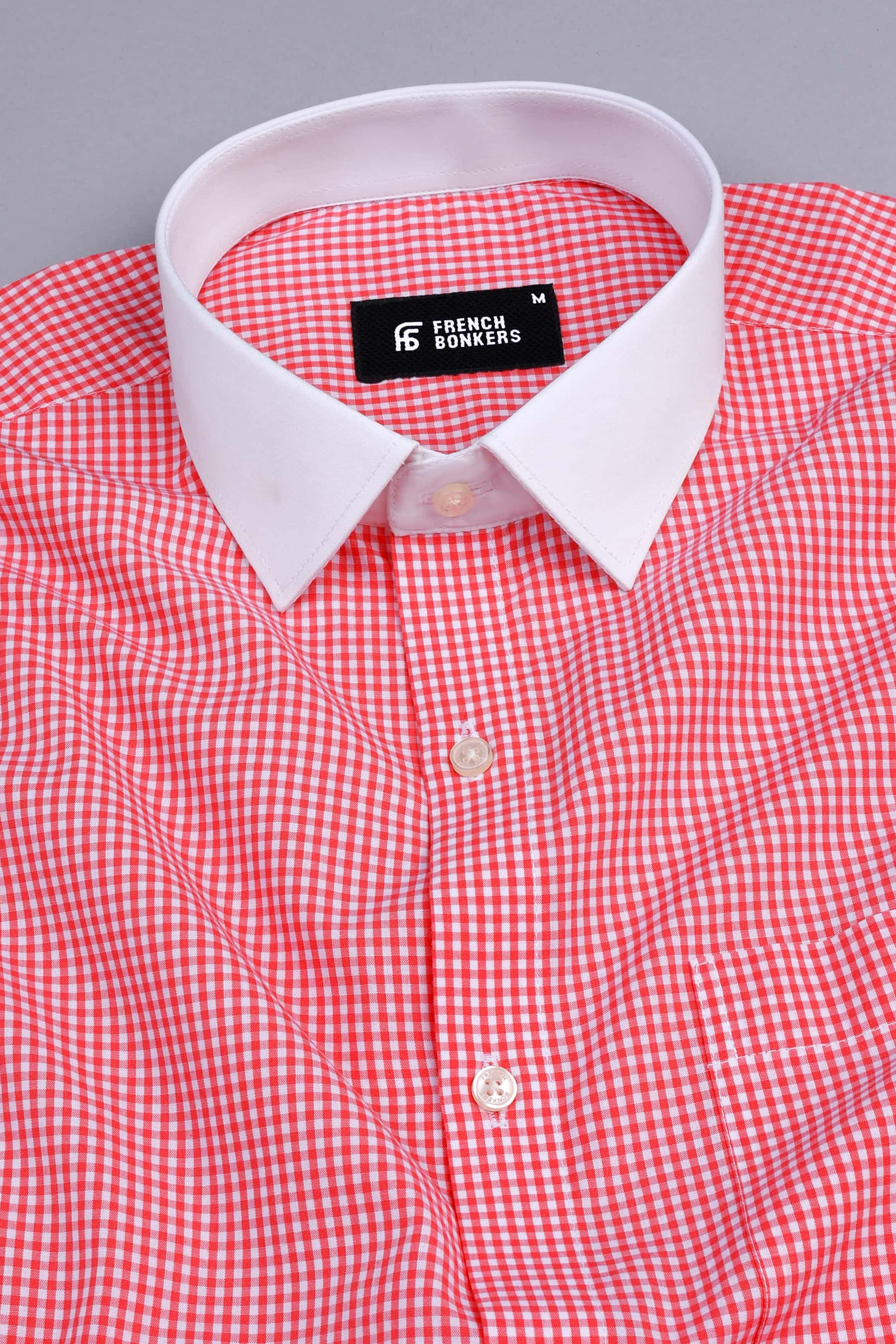 Carrot red with cream white pin check cotton shirt