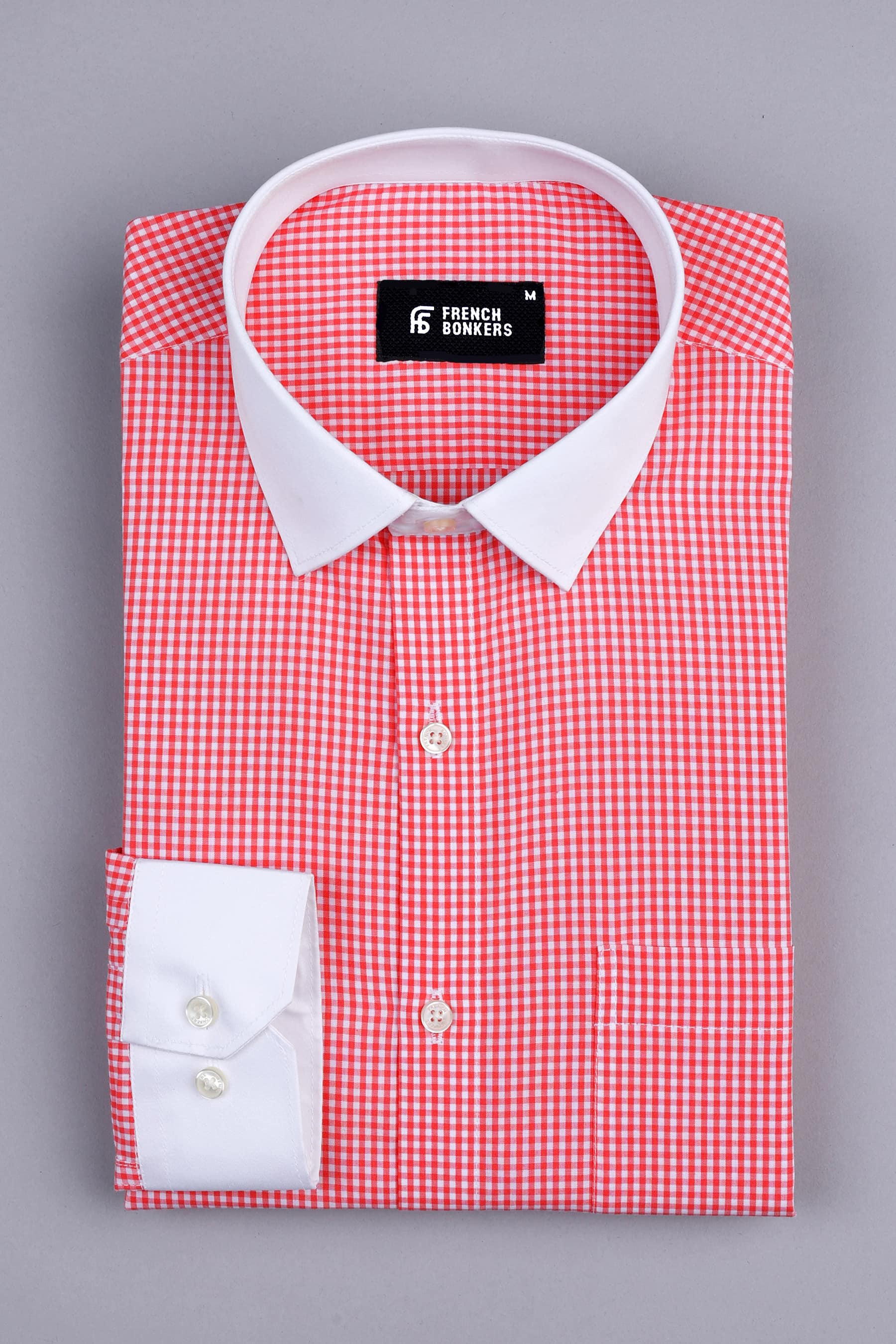 Carrot red with cream white pin check cotton shirt