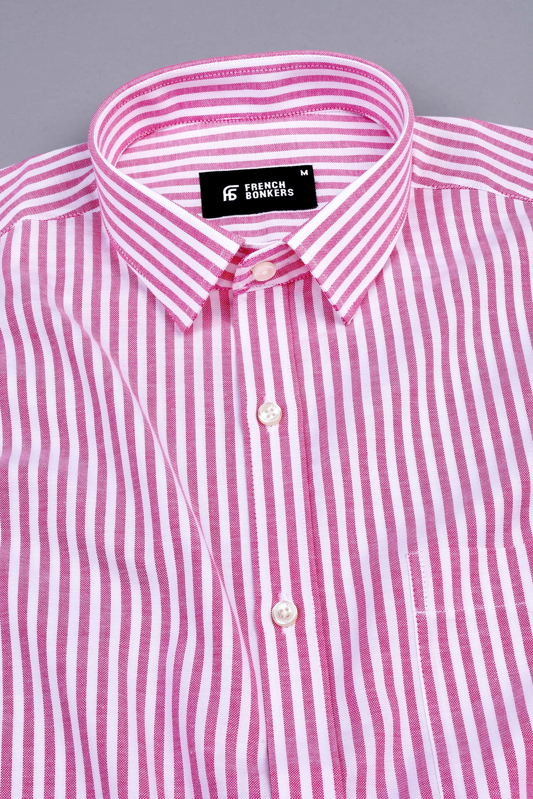 Bubblegum pink with white oxford bengal stripe shirt