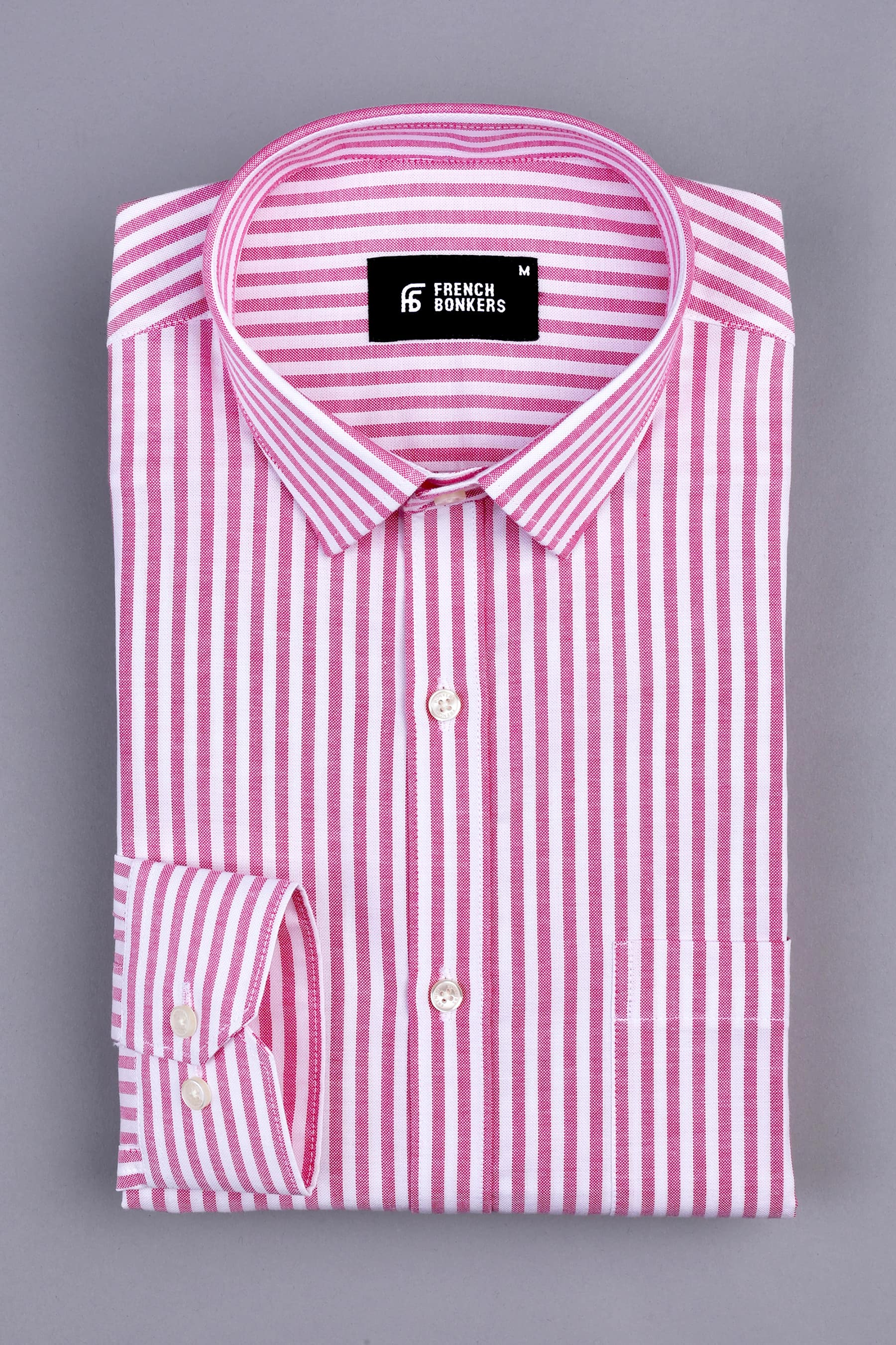 Bubblegum pink with white oxford bengal stripe shirt