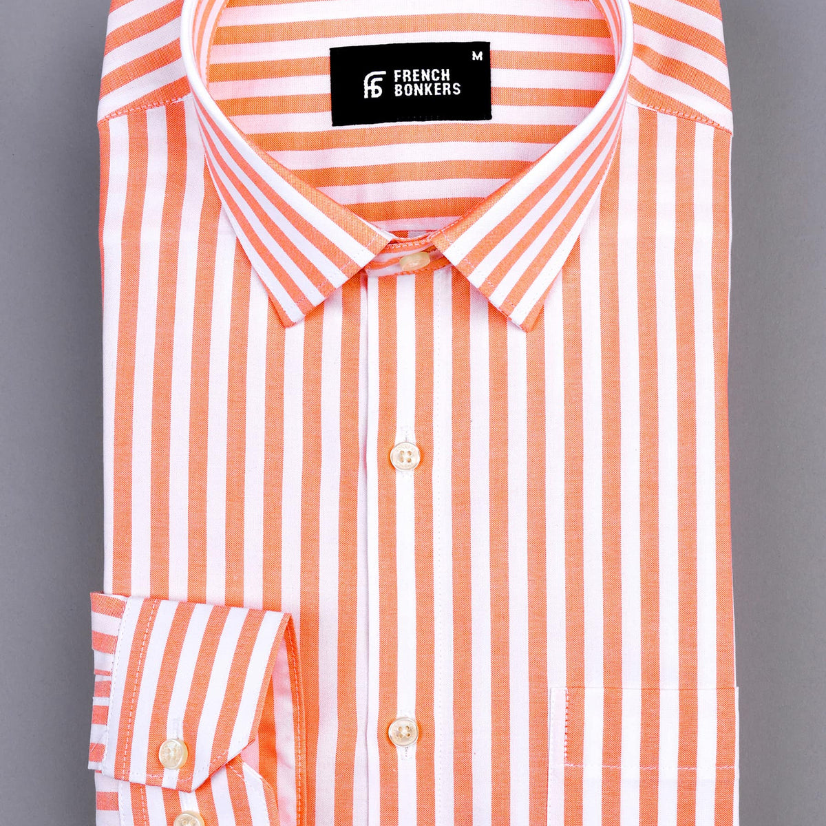 Cantaloupe orange with white oxford bengal stripe shirt