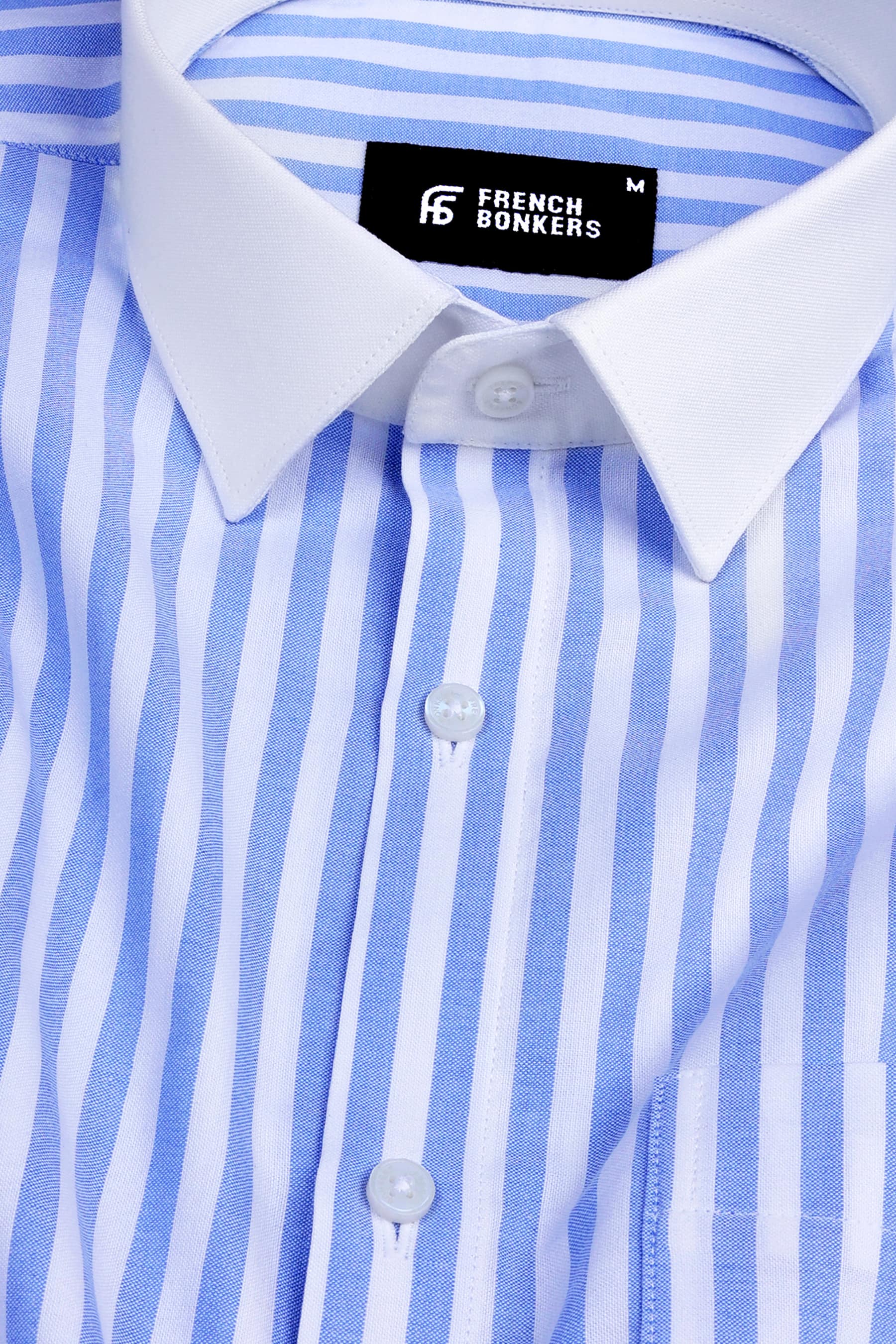 Cornflower blue with white oxford bengal stripe shirt