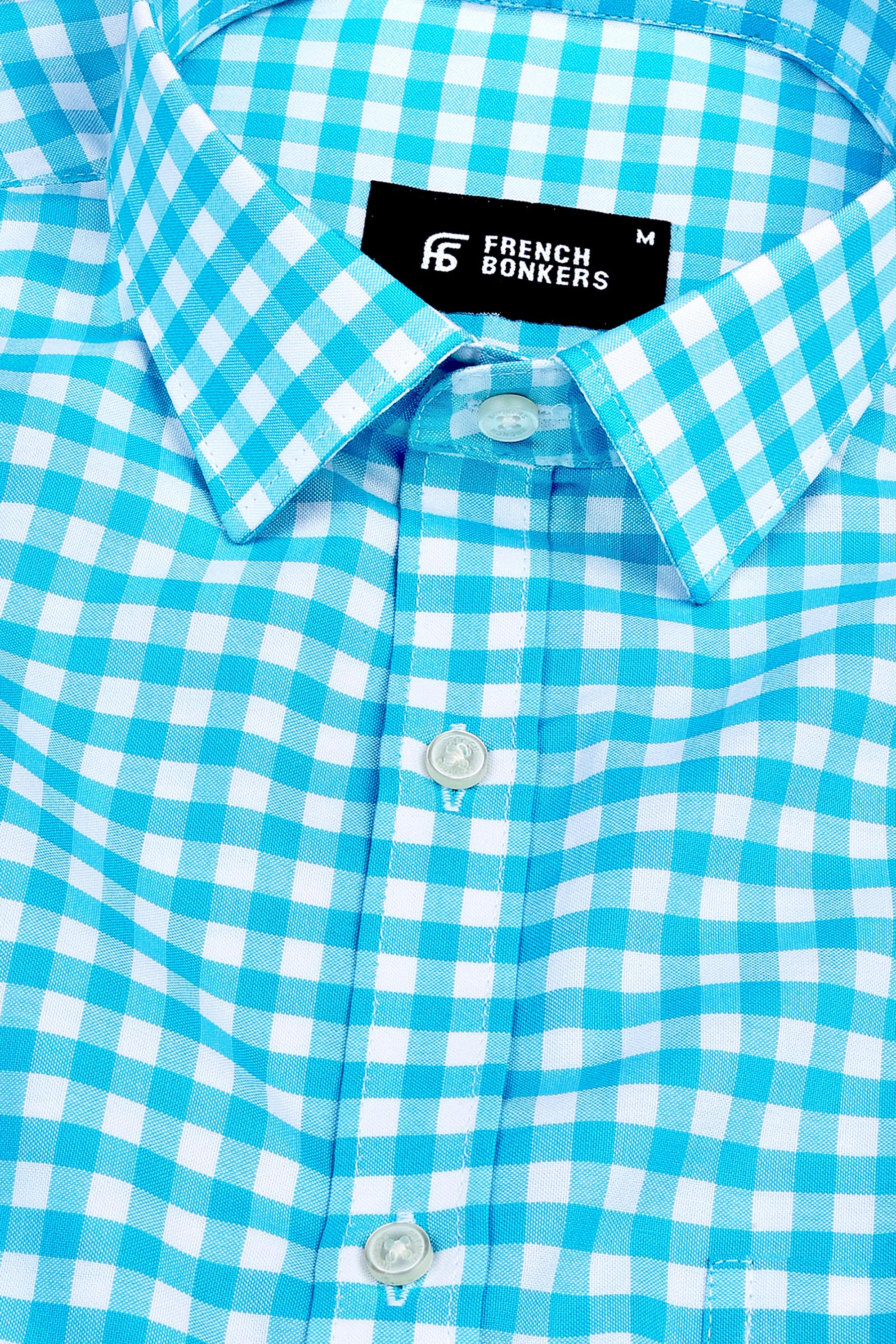 Vivid skyblue with white oxford gingham check shirt