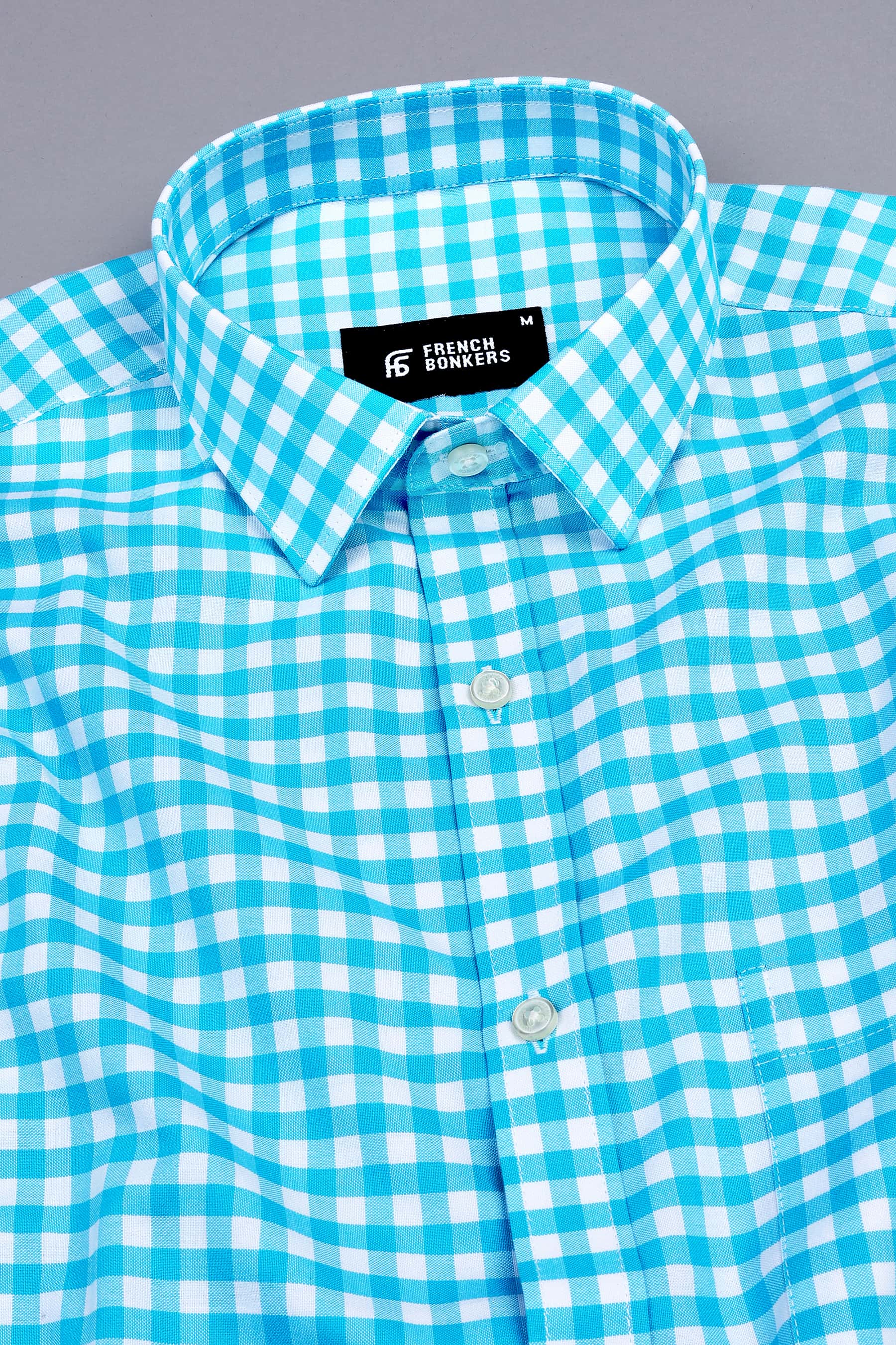 Vivid skyblue with white oxford gingham check shirt