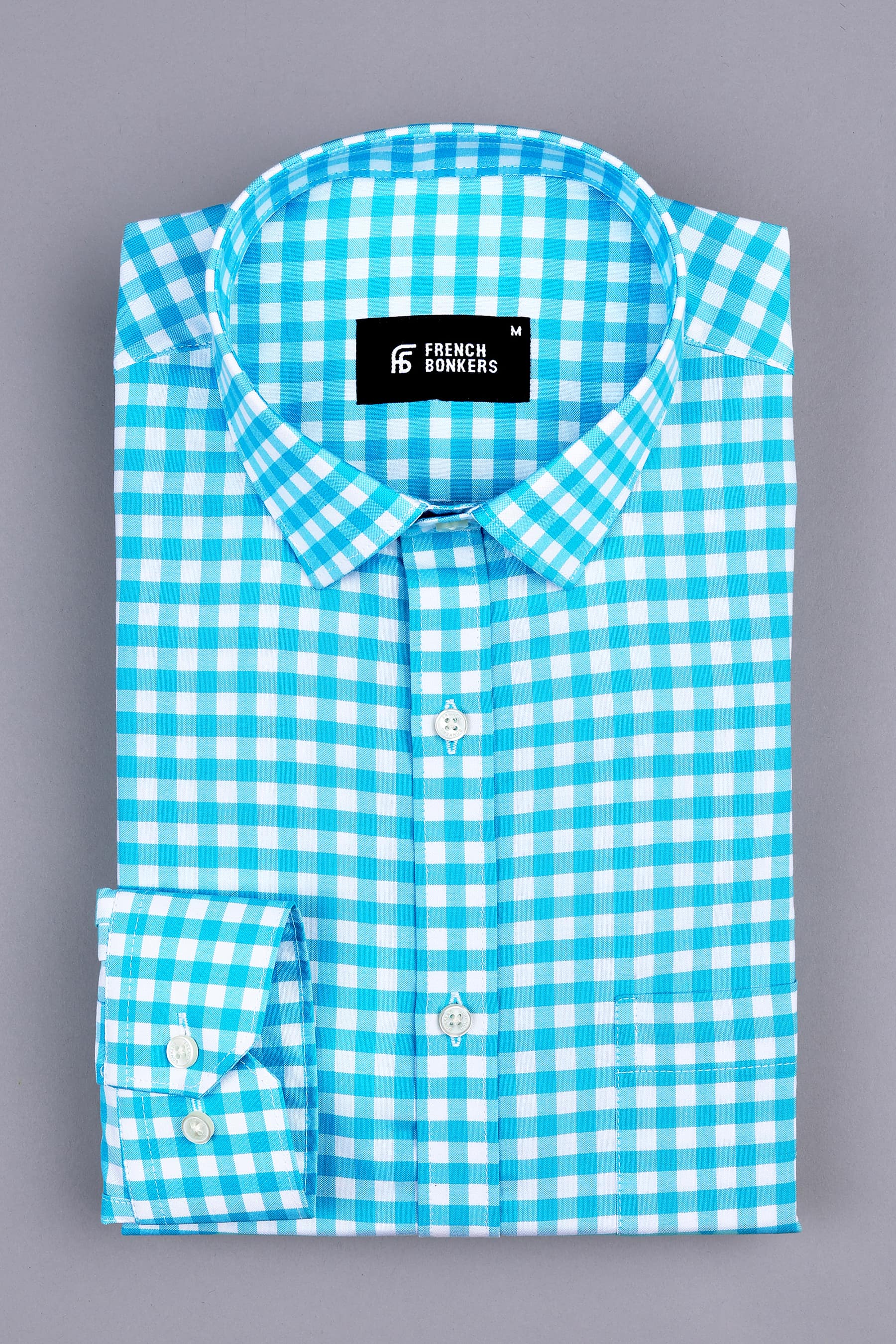 Vivid skyblue with white oxford gingham check shirt