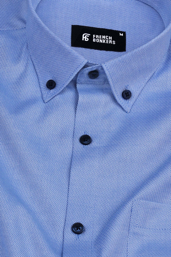 Azure blue dobby texture cotton shirt