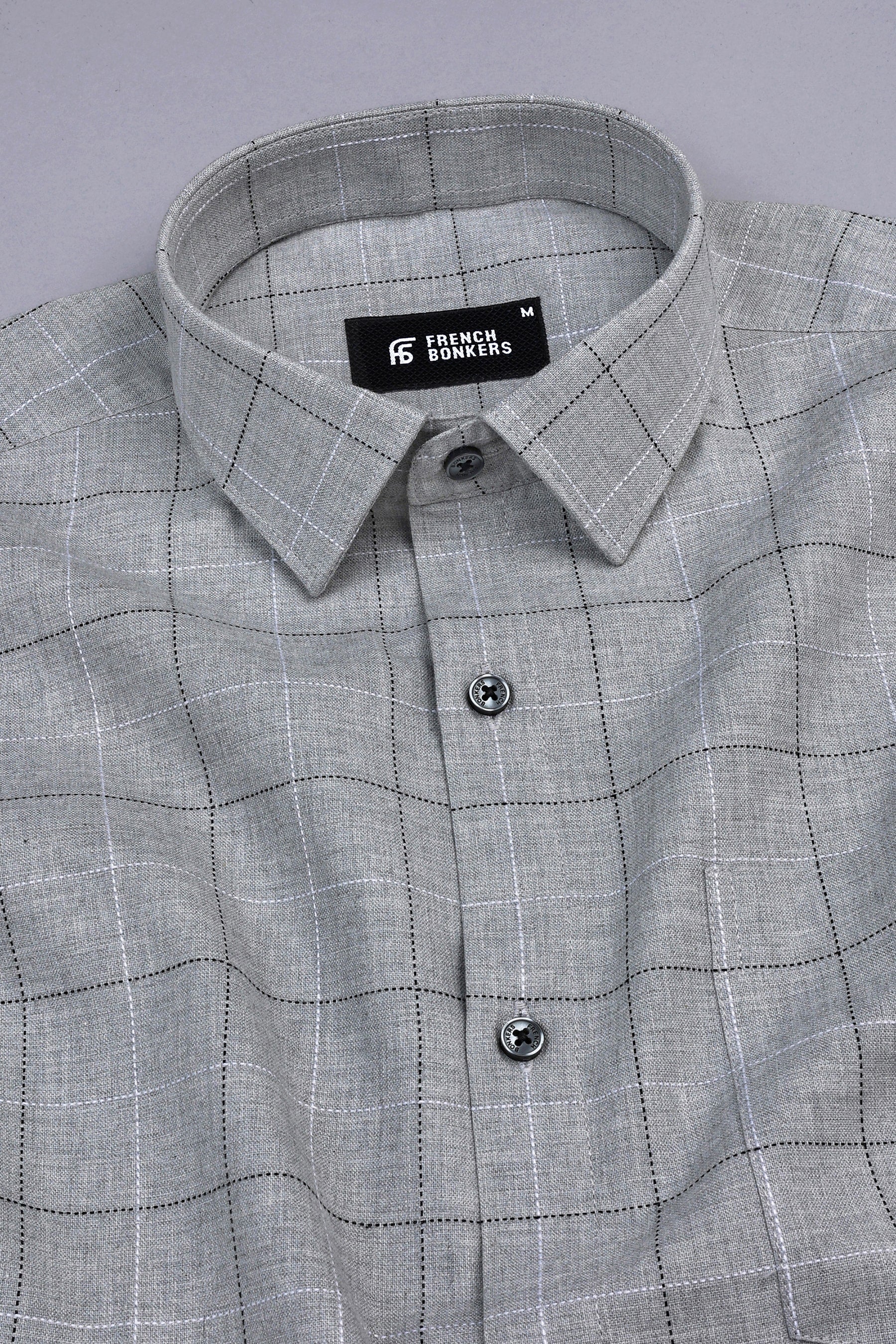 Cement grey with black and white argyle check shirt