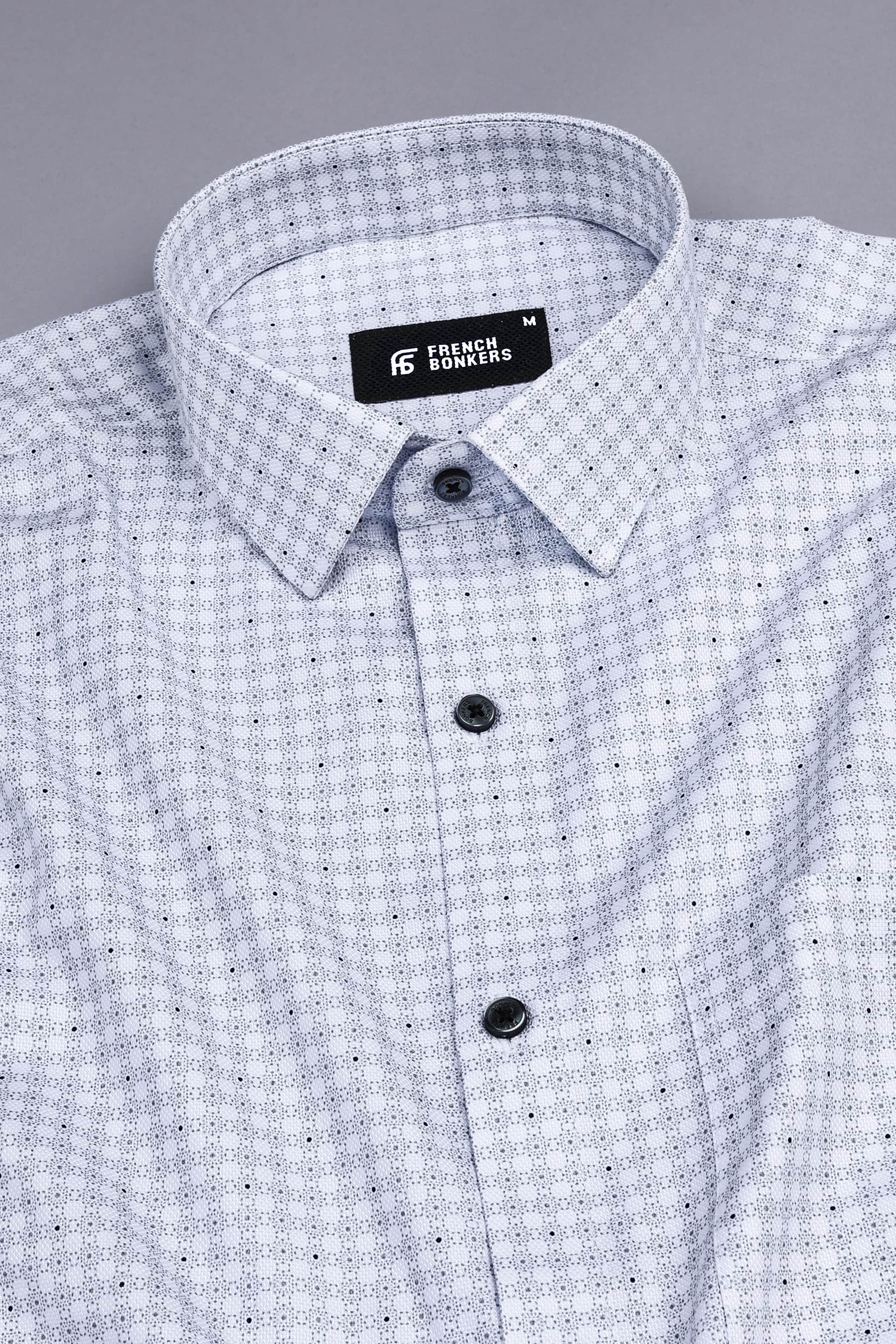 White with grey and black dot printed cotton shirt