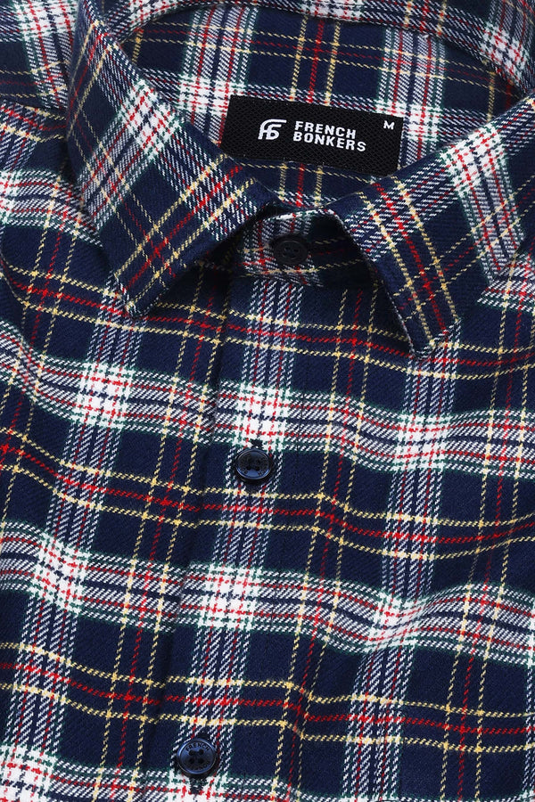 Space blue with multi coloured  tartan plaid check shirt