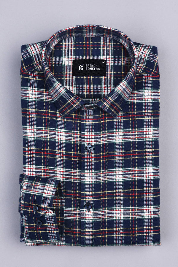 Space blue with multi coloured  tartan plaid check shirt