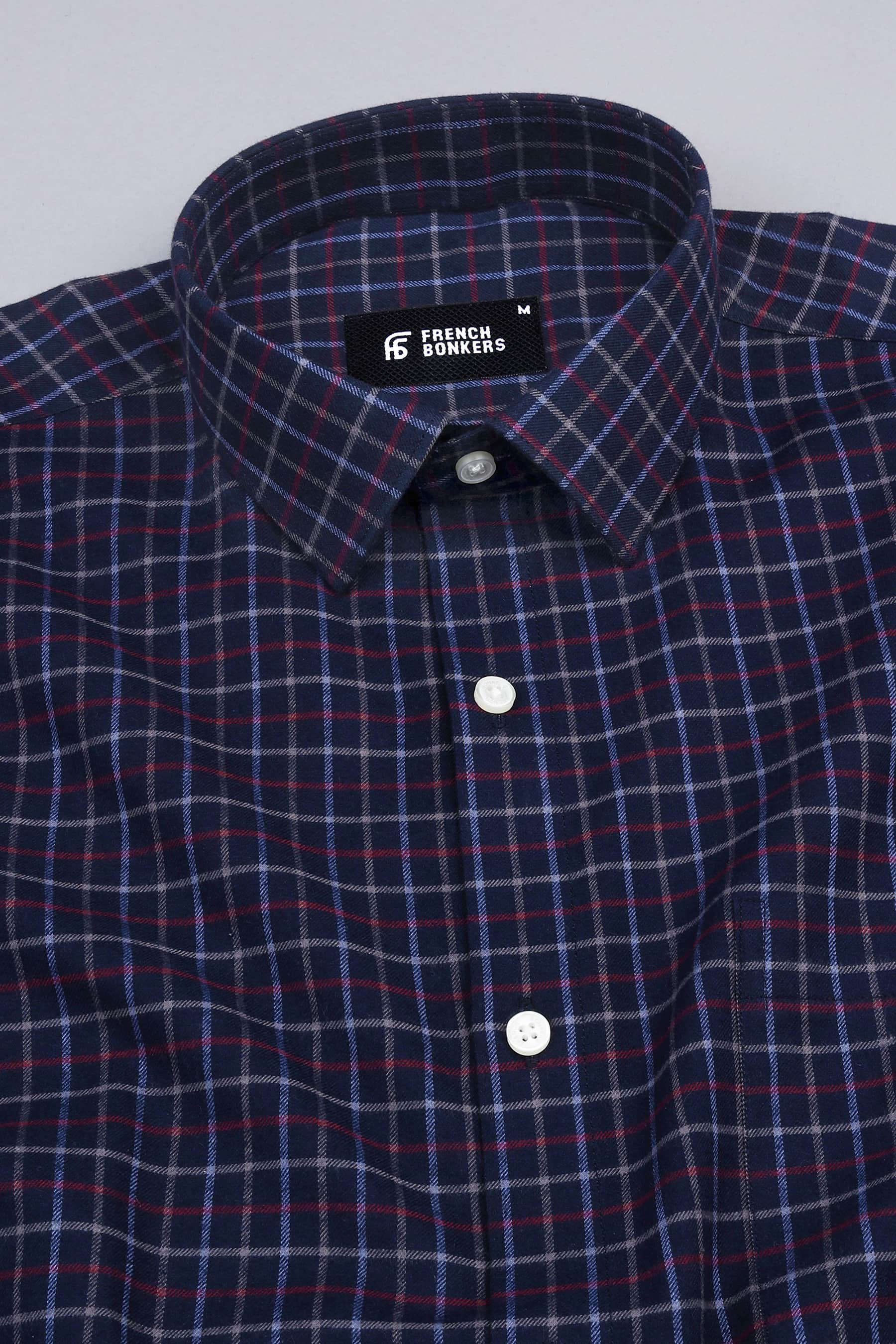 Dark blue with red and grey line tattershall check shirt