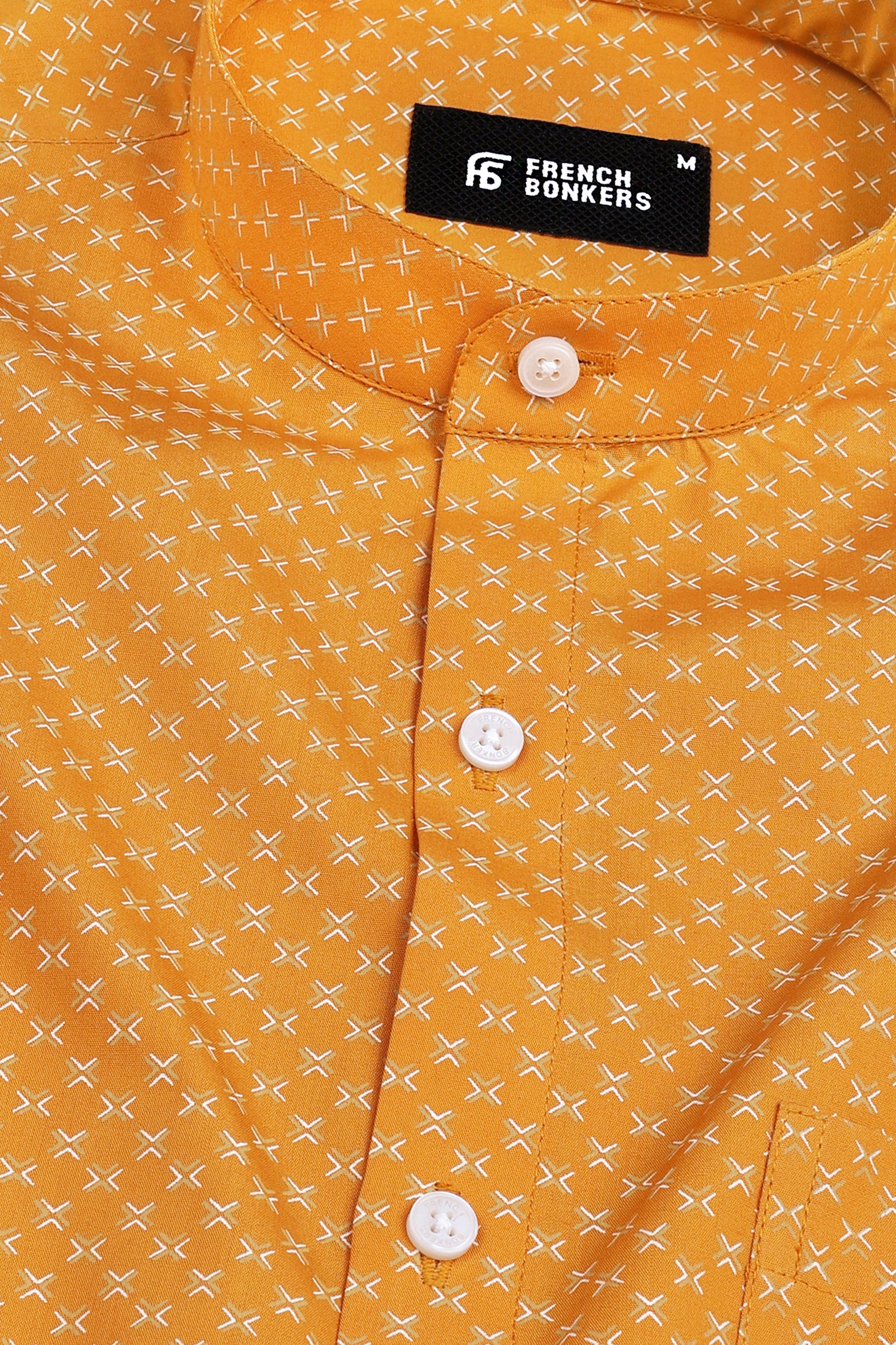 Butterscotch yellow with v mark printed cotton shirt