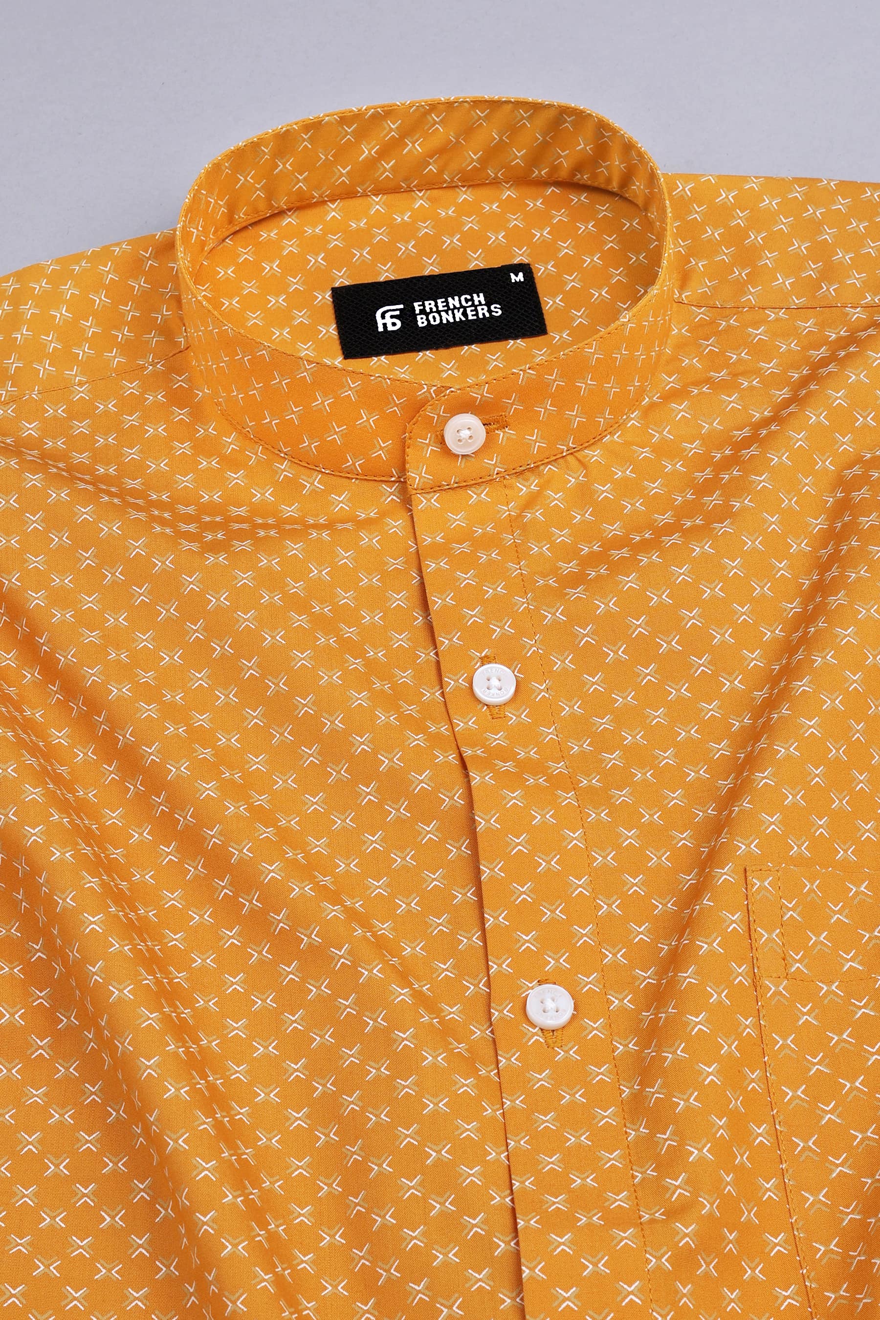 Butterscotch yellow with v mark printed cotton shirt