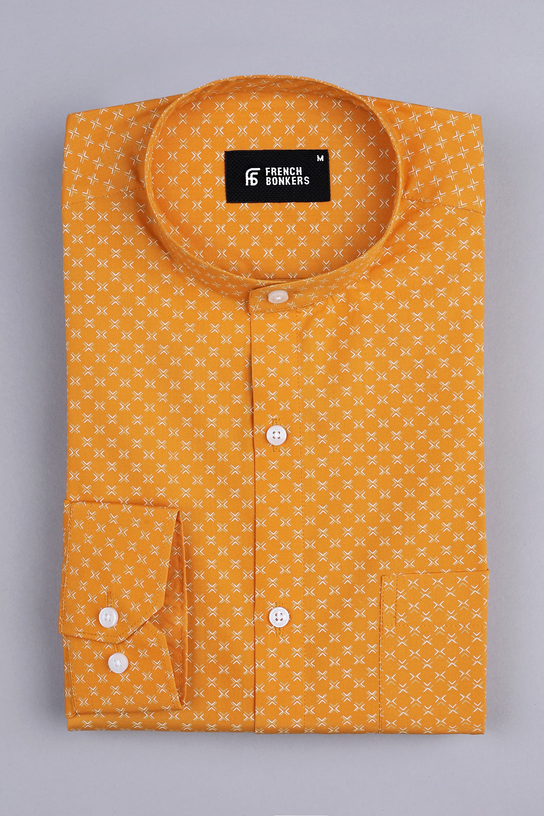 Butterscotch yellow with v mark printed cotton shirt
