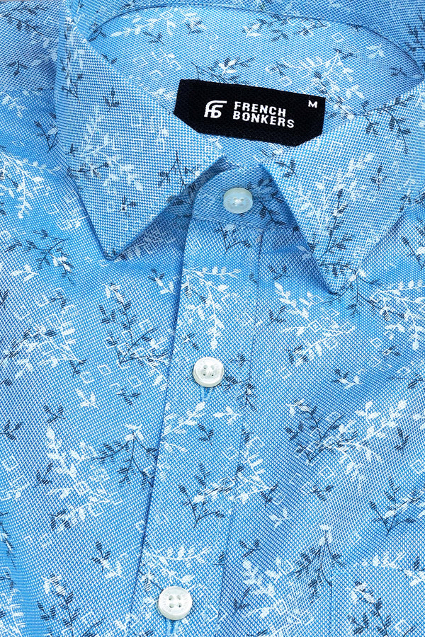 Aqua blue with black and white printed shirt
