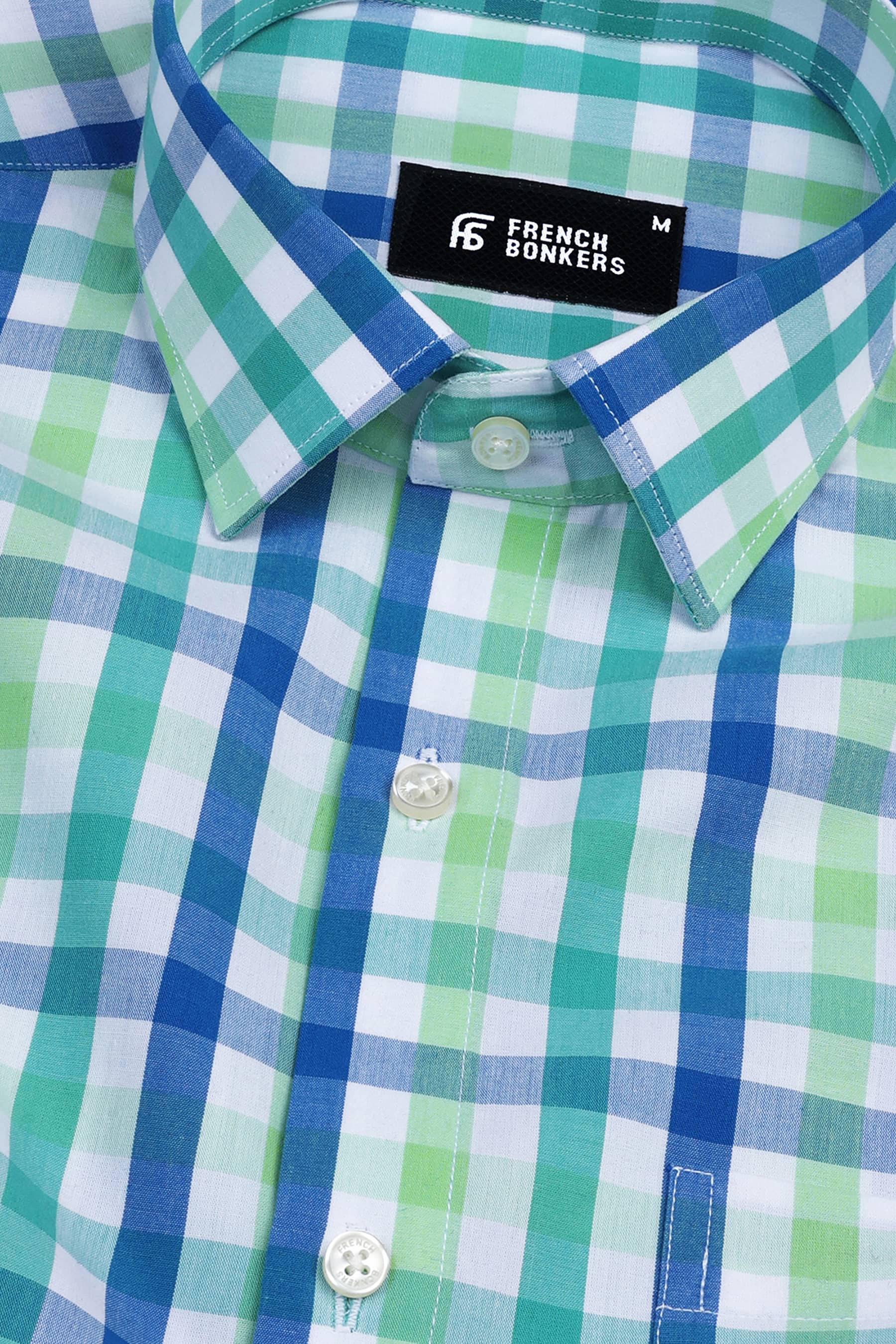 Parrot and leaf green with blue windowpane regular plaid check shirt