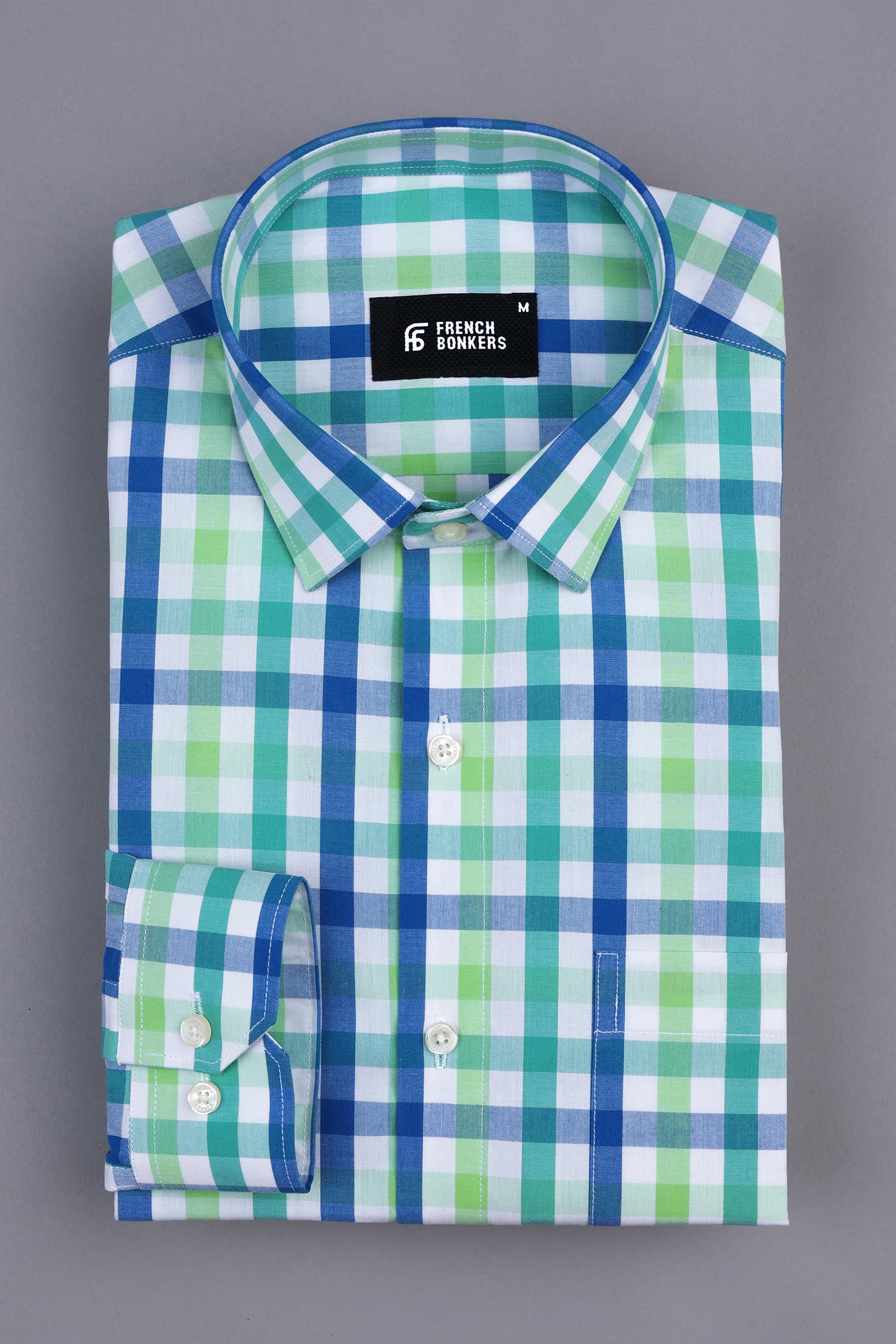 Parrot and leaf green with blue windowpane regular plaid check shirt
