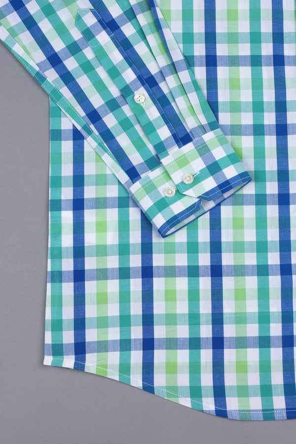 Parrot and leaf green with blue windowpane regular plaid check shirt