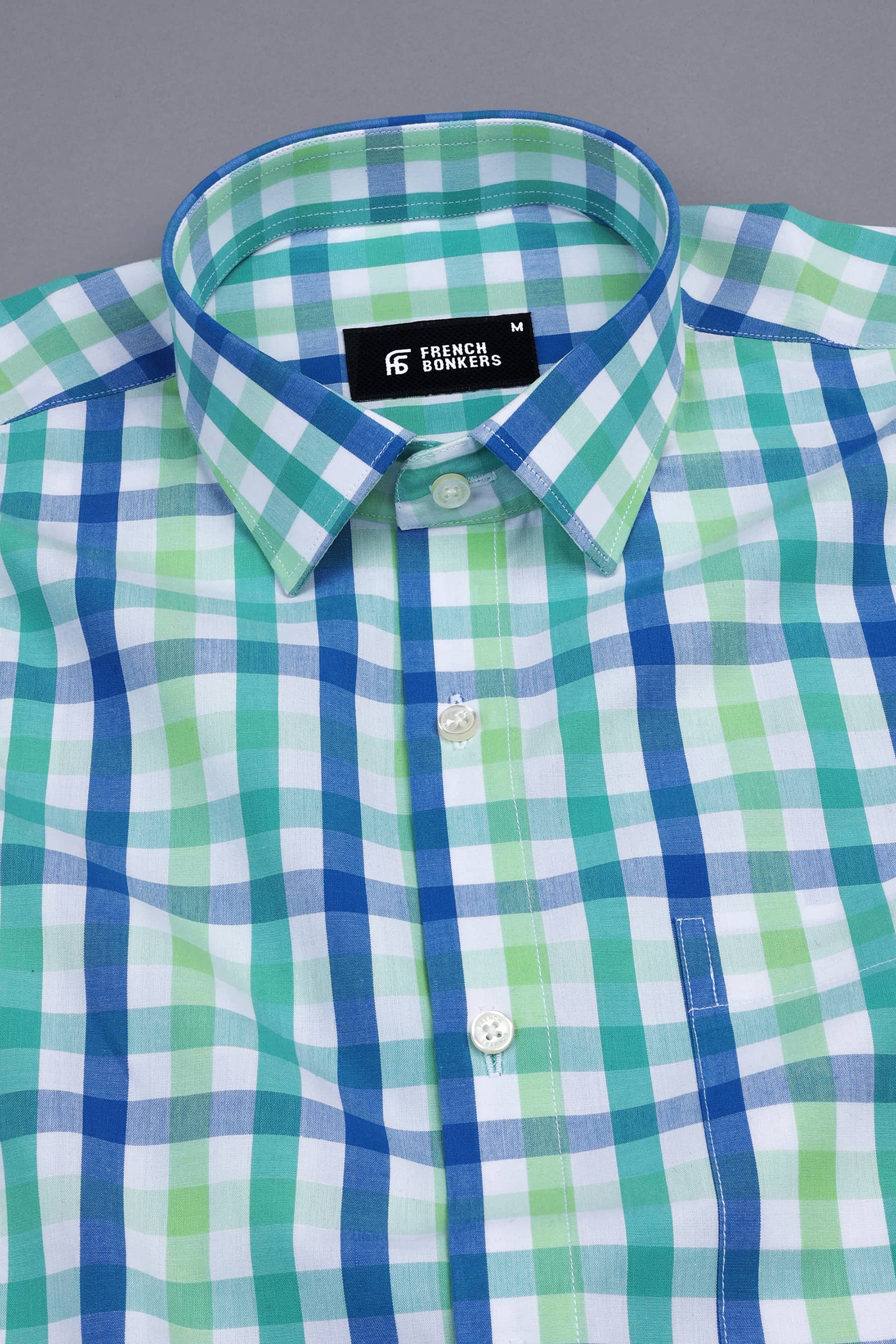 Parrot and leaf green with blue windowpane regular plaid check shirt