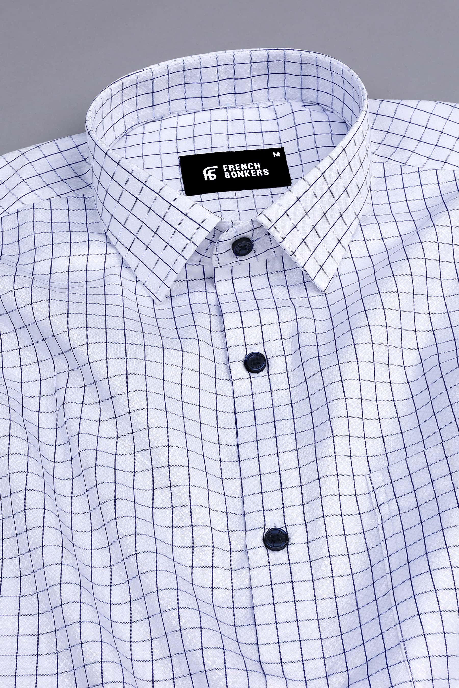 White with blue graph check shirt