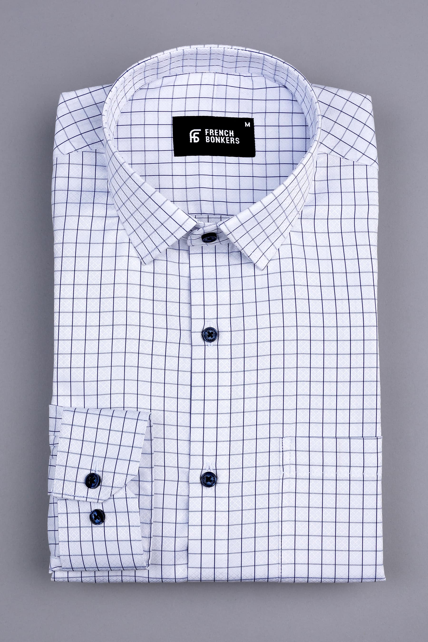 White with blue graph check shirt