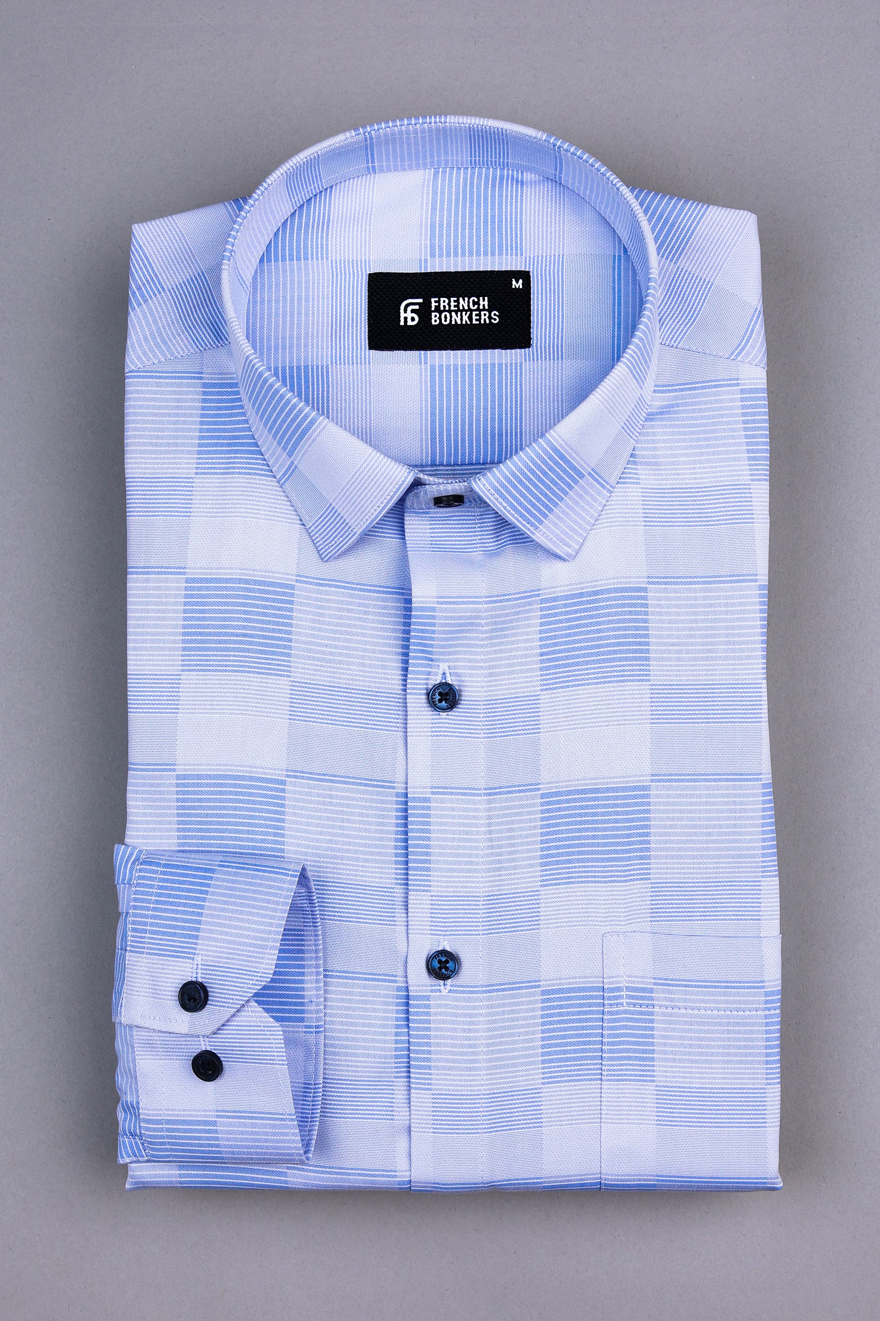 Light blue with white line check shirt