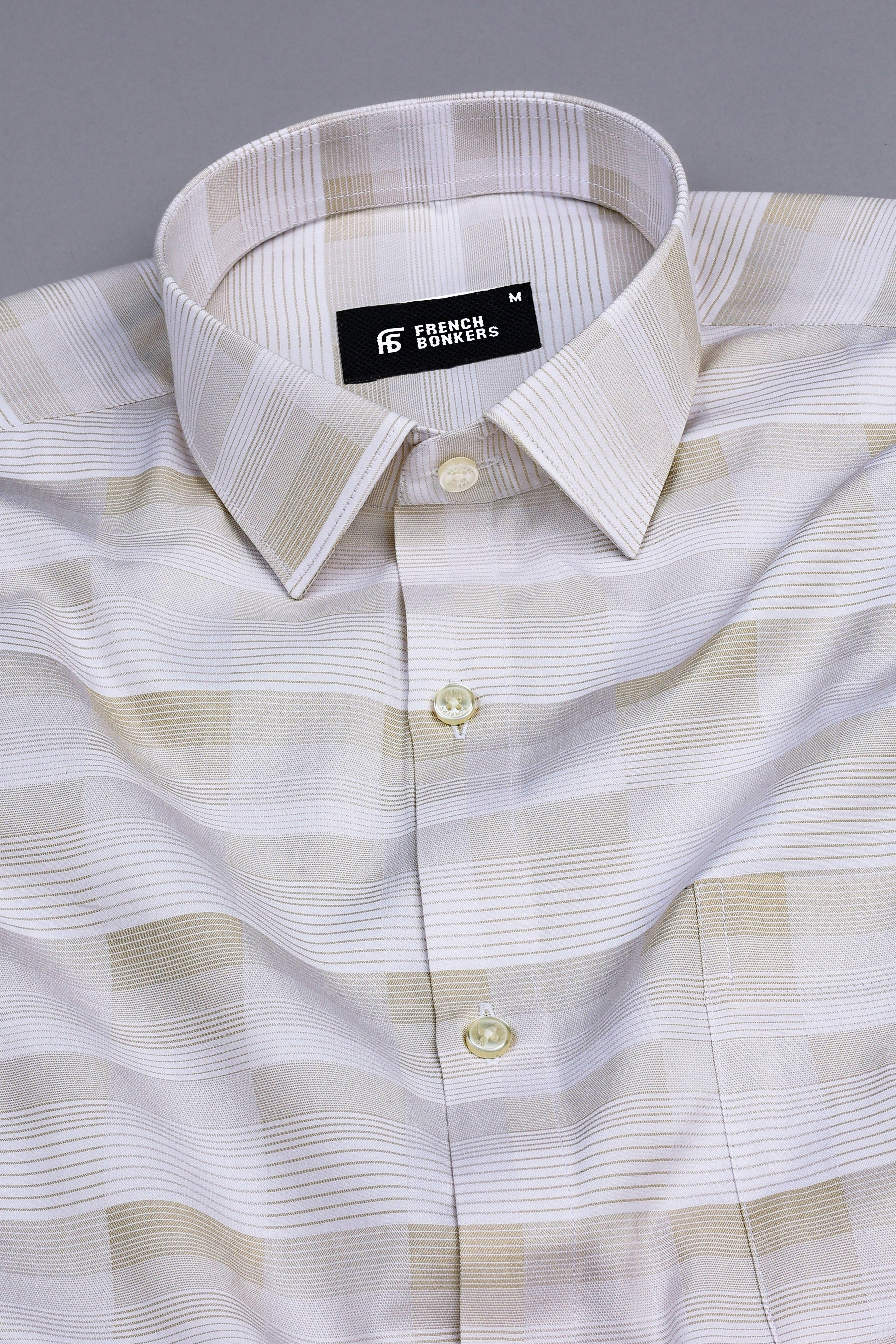 White with light brown line check shirt