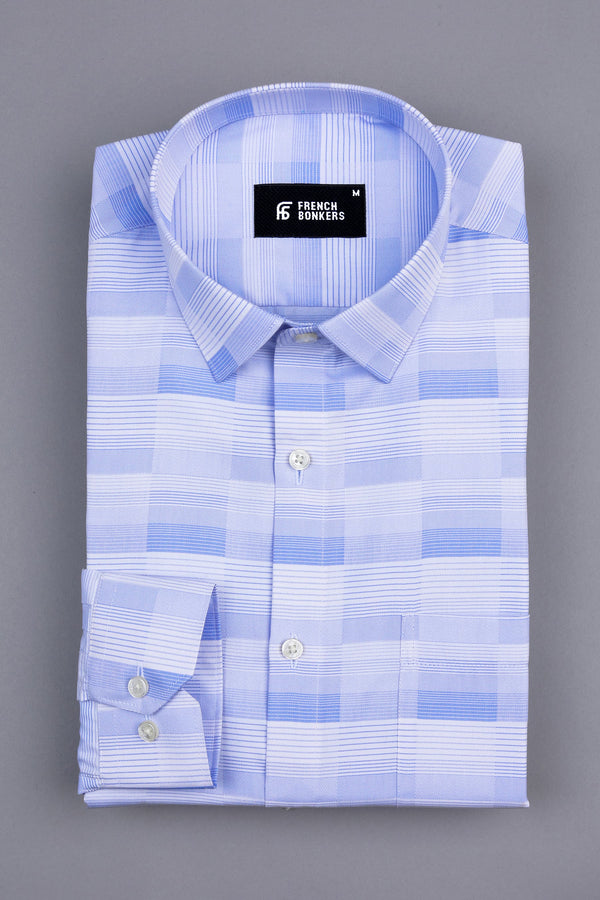 White with light blue line check shirt