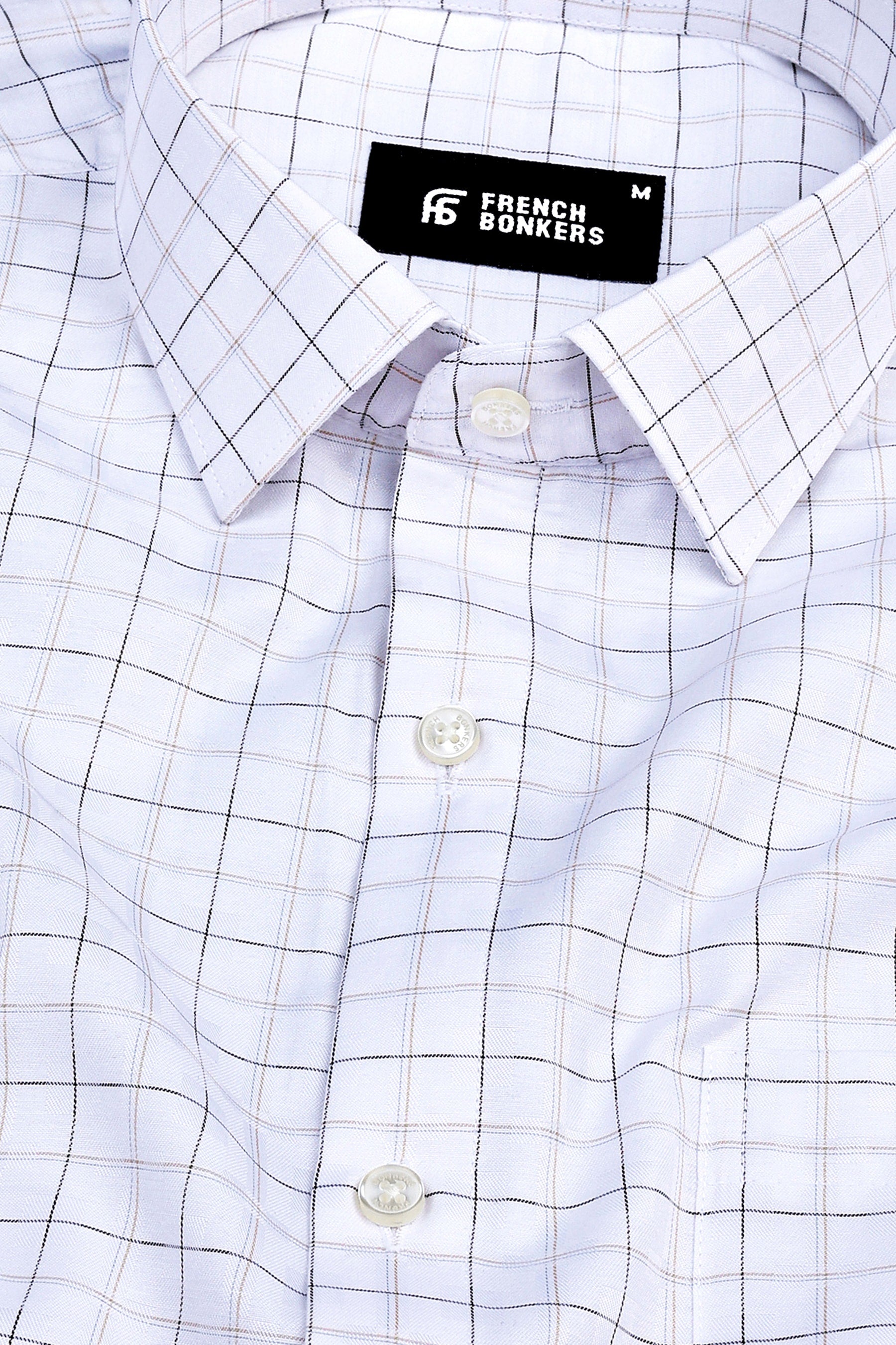 White with olive green and light brown line check shirt
