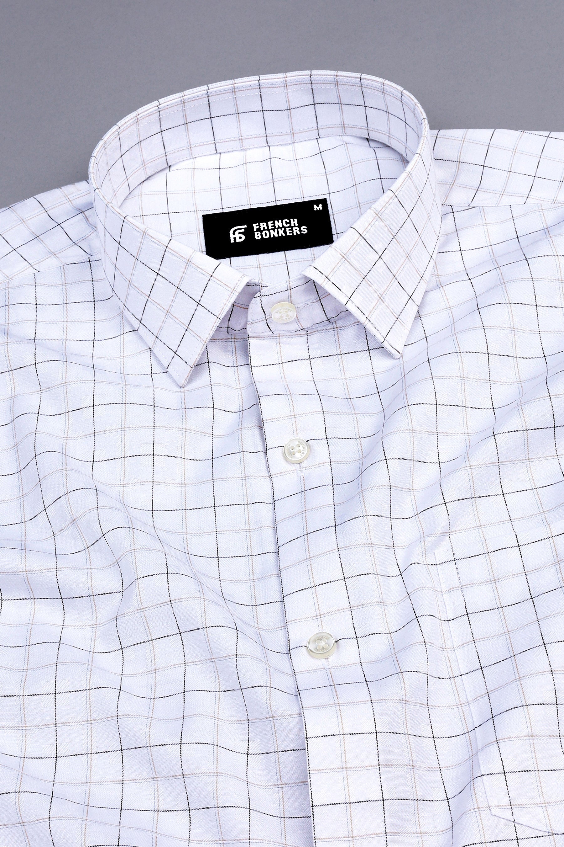 White with olive green and light brown line check shirt
