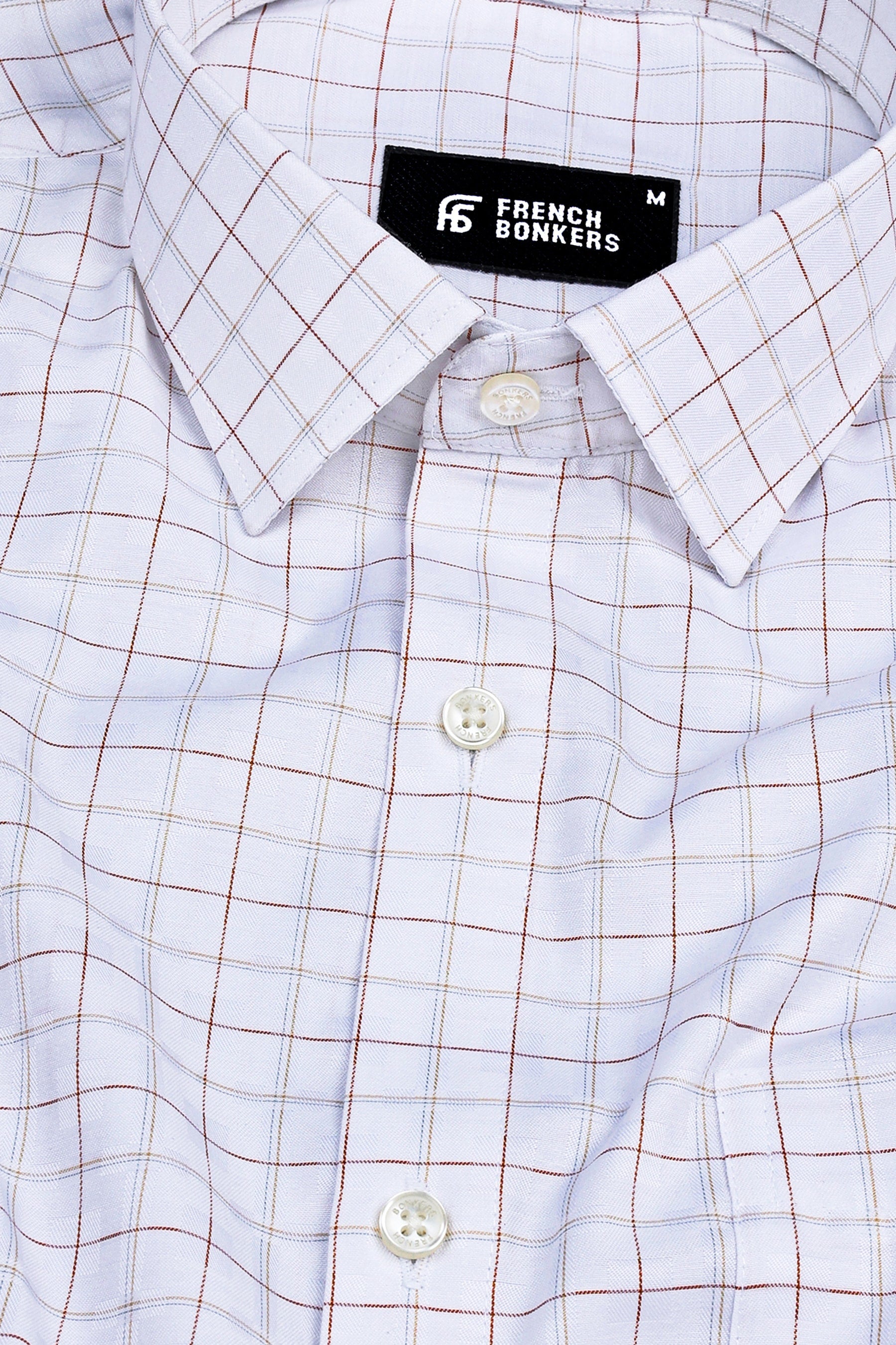 White with orange and light brown line check shirt