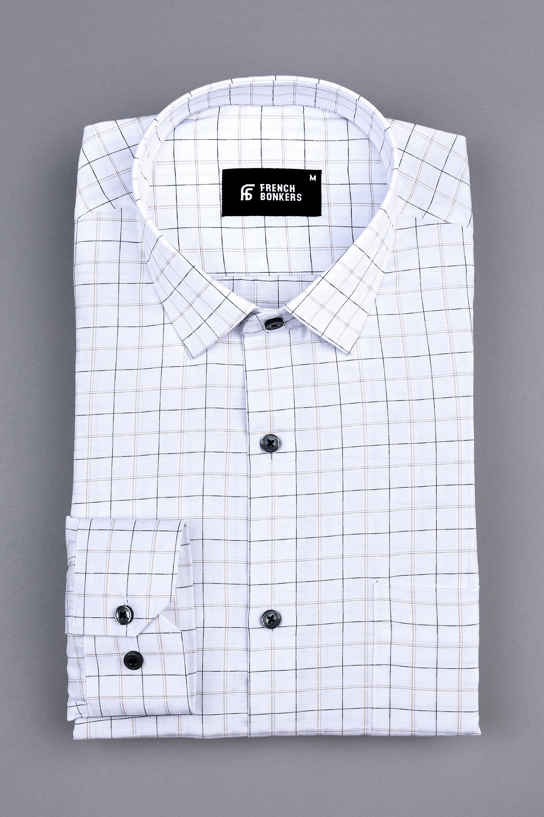White with navy blue and light brown line check shirt