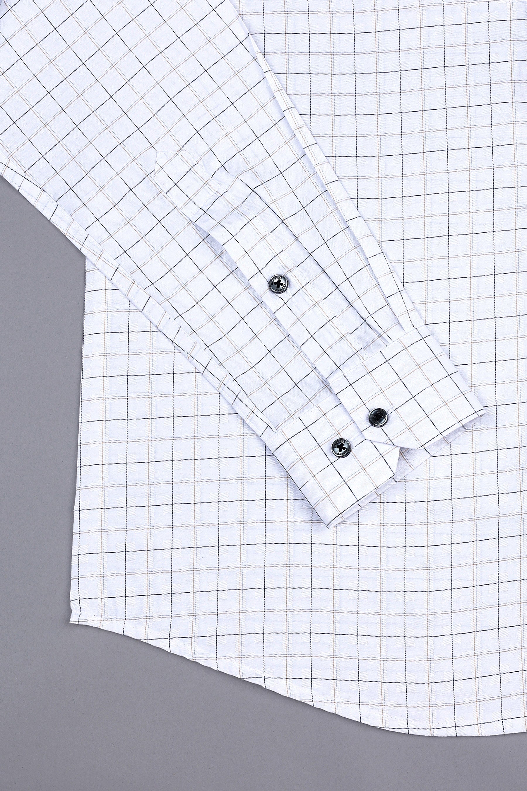 White with navy blue and light brown line check shirt