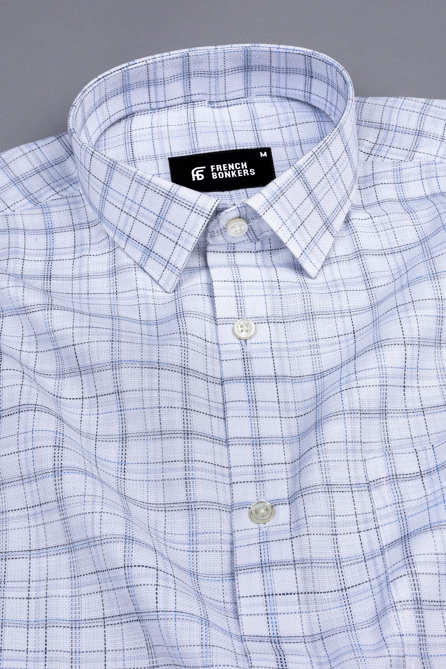 White with dark and light blue line arglye check shirt