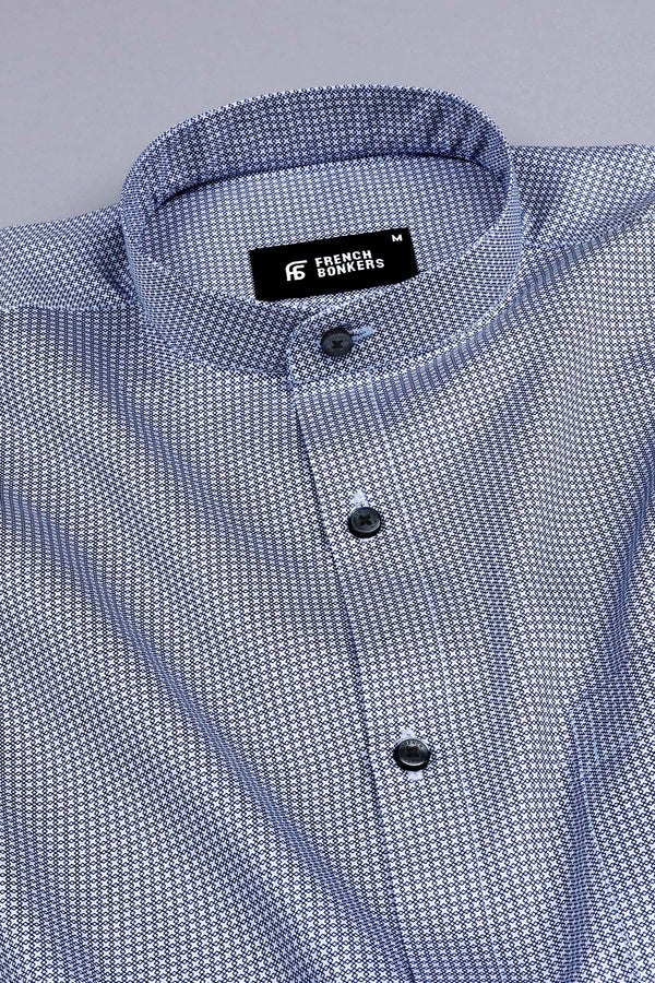 White with navy blue geometrical printed satin shirt